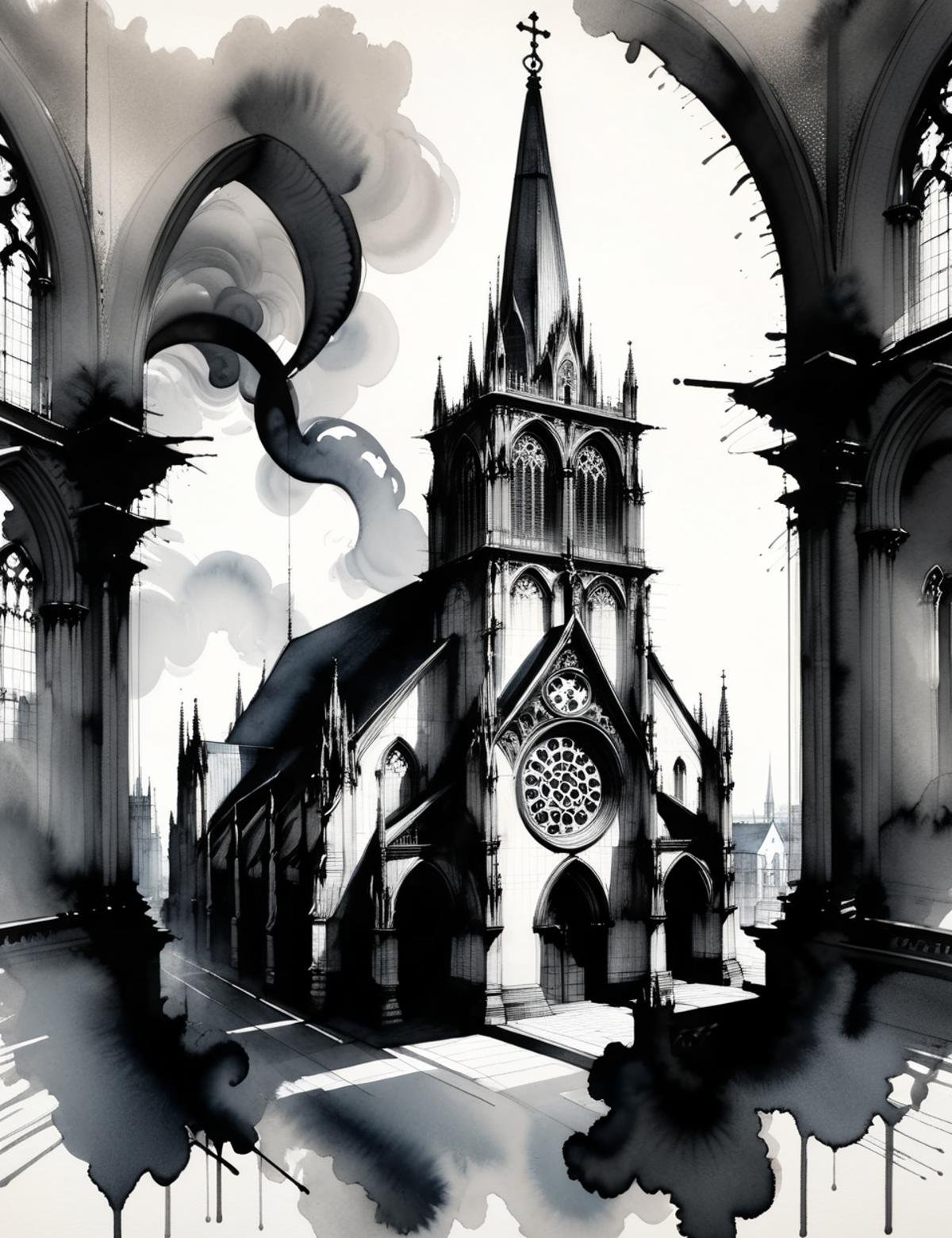 DonMW45h3d0u7XL, ink, washed-out, relativity,Monetary Policy,Cathedrals and Churches  <lora:DonMW45h3d0u7XL:1>