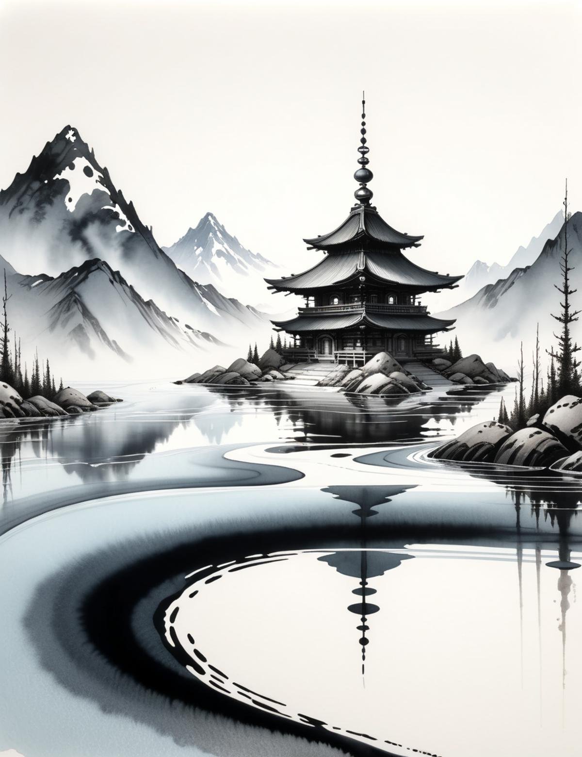 DonMW45h3d0u7XL, ink, washed-out, tundra, gentle ripple on water,biome,helictite,cupola  <lora:DonMW45h3d0u7XL:1>