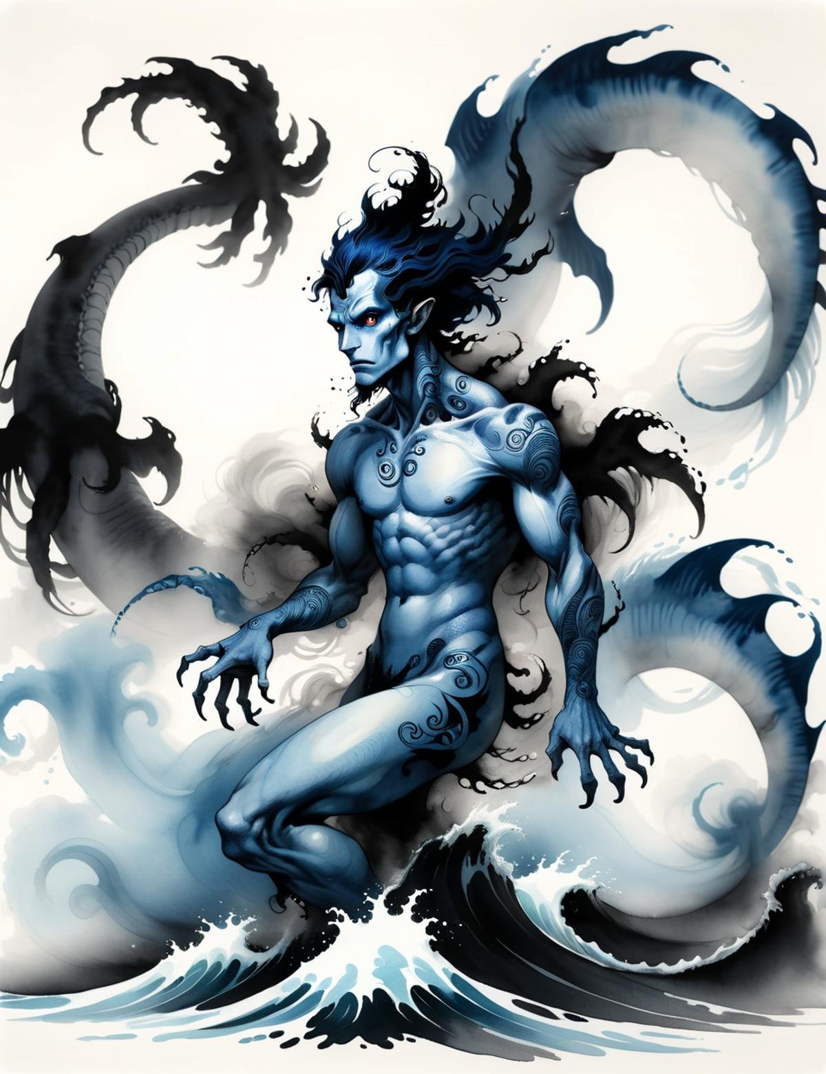 DonMW45h3d0u7XL, ink, washed-out, semi-ghost, Mythical sea creatures from Scottish folklore,  humanoid with blue skin, known for their prowess in water,  can create storms and challenge sailors,  associated with the unpredictable nature of the sea  <lora:DonMW45h3d0u7XL:1>