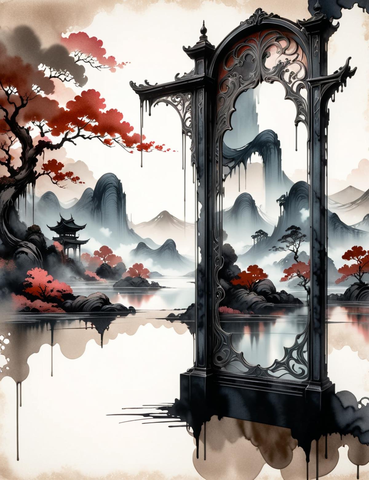 DonMW45h3d0u7XL, ink, washed-out, romantic landscape,  oxidizing, virtual texturing, creation engine, art nouveau, drip paint, side view,  screen space shadows, uniform focus, 32k, imaginative, repetition  <lora:DonMW45h3d0u7XL:1>