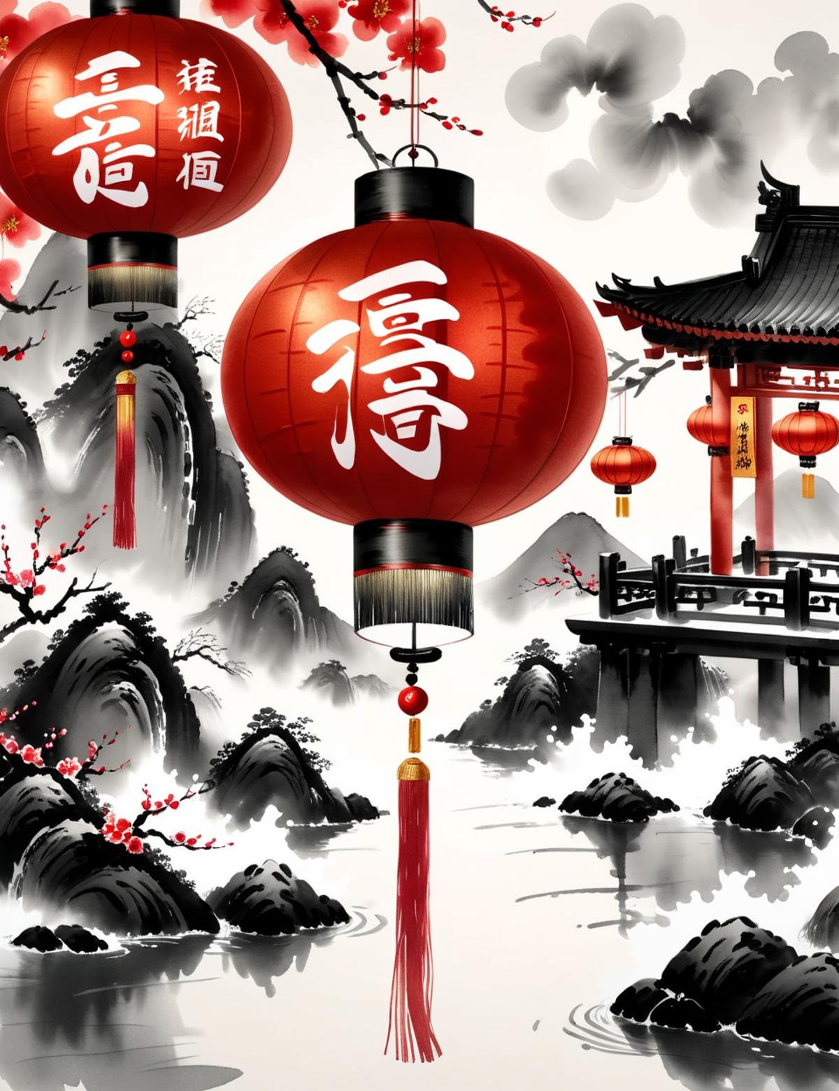 DonMW45h3d0u7XL, ink, washed-out, lunar newyear, Chinese calligraphy, Joyous, Red envelopes, Given as gifts, filled with money for luck and prosperity, Red lanterns, Waterfronts, Hosting lantern festivals with floating lanterns on rivers or seas, creating a magical atmosphere, Fireworks and firecrackers, Red lanterns  <lora:DonMW45h3d0u7XL:1>