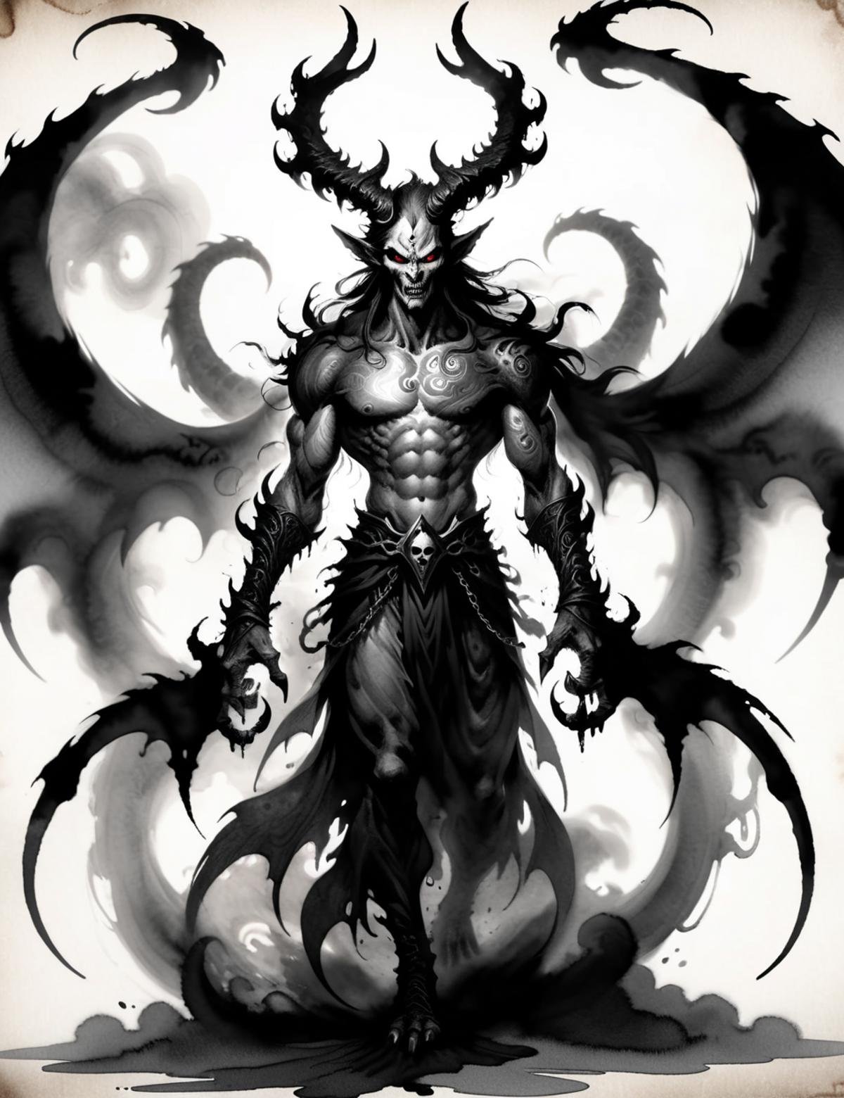 DonMW45h3d0u7XL, ink, washed-out, yaksha, malevolent supernatural being, evil, chaos, infernal, powerful entity, corrupt,harm full, fantasy  <lora:DonMW45h3d0u7XL:1>