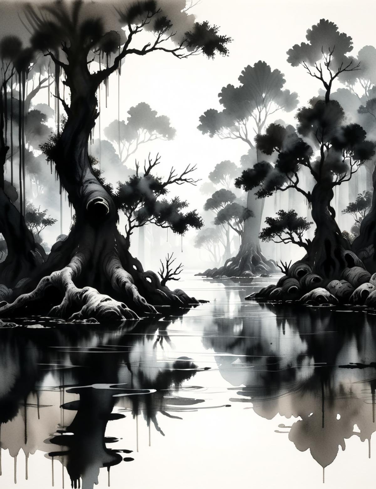 DonMW45h3d0u7XL, ink, washed-out, wolperting    in mangrove forest biome  <lora:DonMW45h3d0u7XL:1>