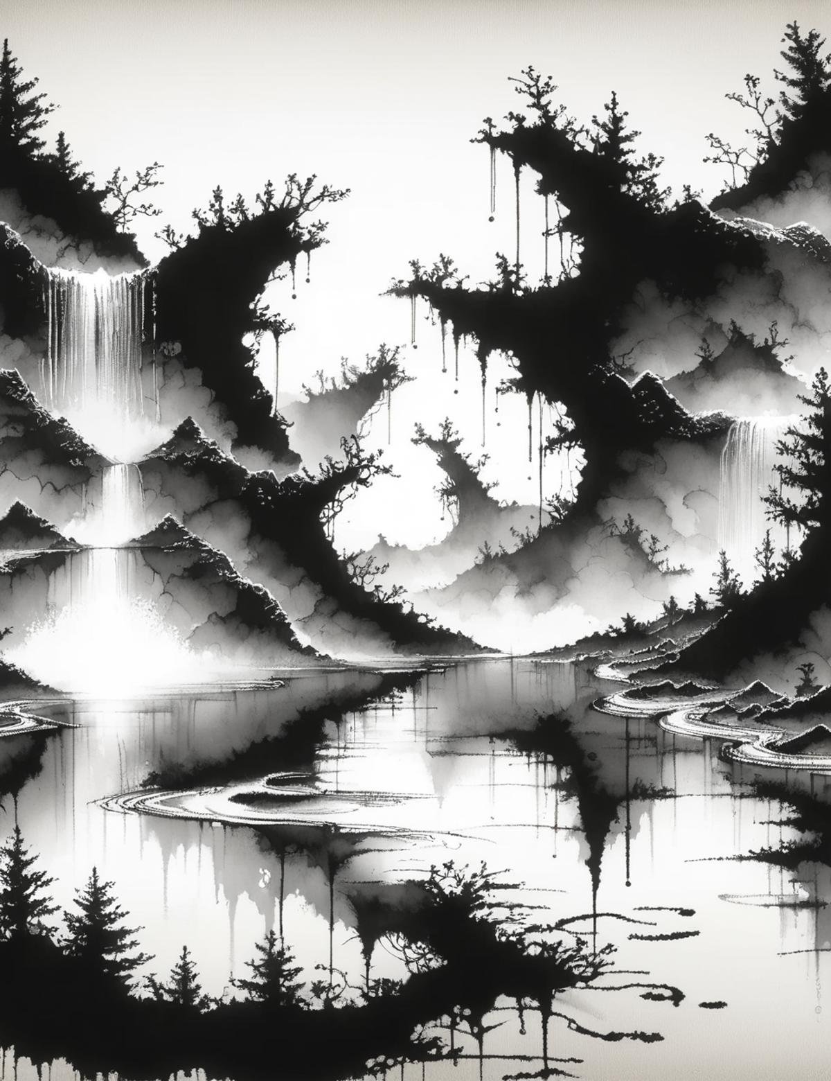 DonMW45h3d0u7XL, ink, washed-out, waterfalls, sea caves,hiking path,babbling brook,moon   <lora:DonMW45h3d0u7XL-pony:1>