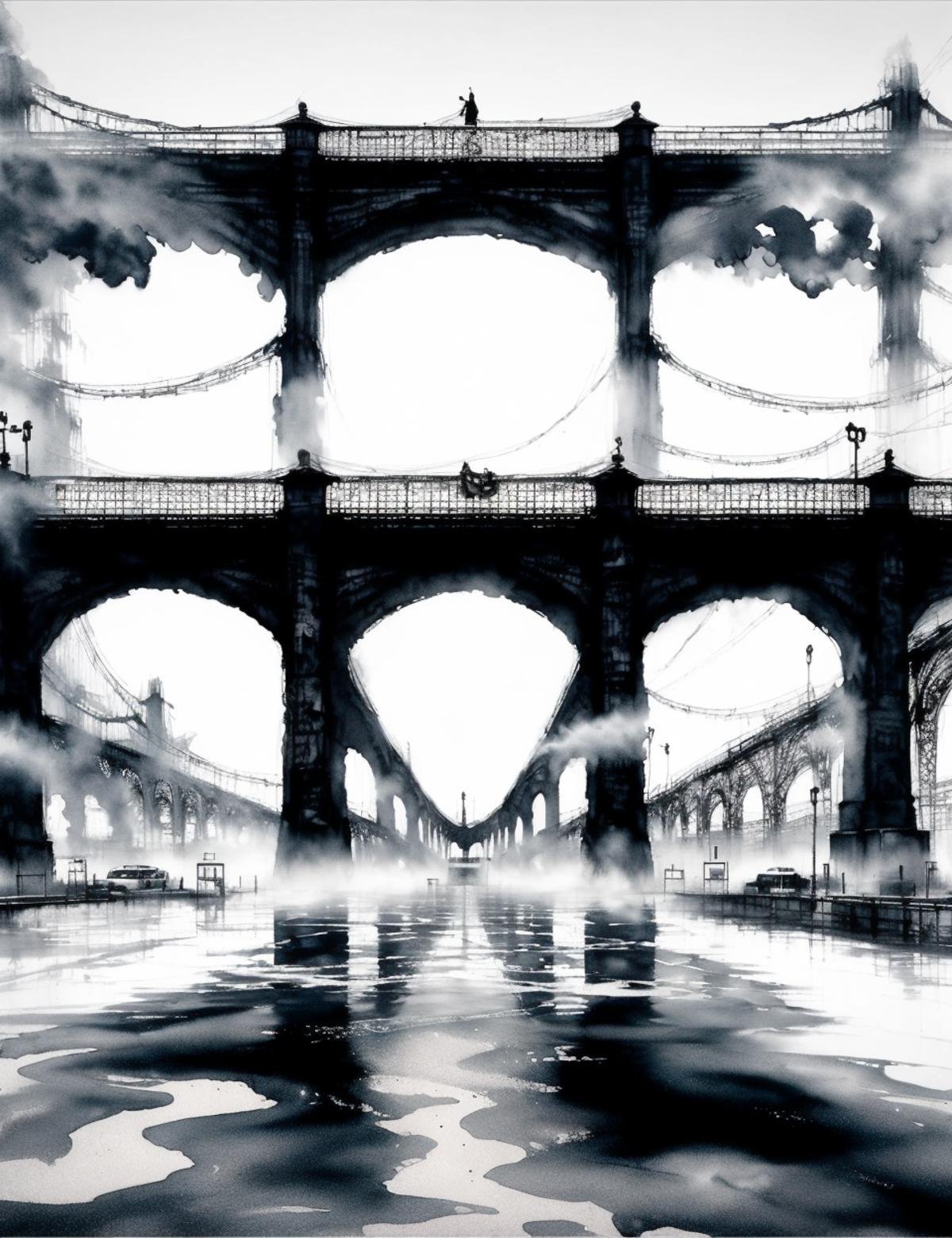 DonMW45h3d0u7 ink, washed-out,   port pedestrian bridge,mural,  <lora:DonMW45h3d0u7:1>