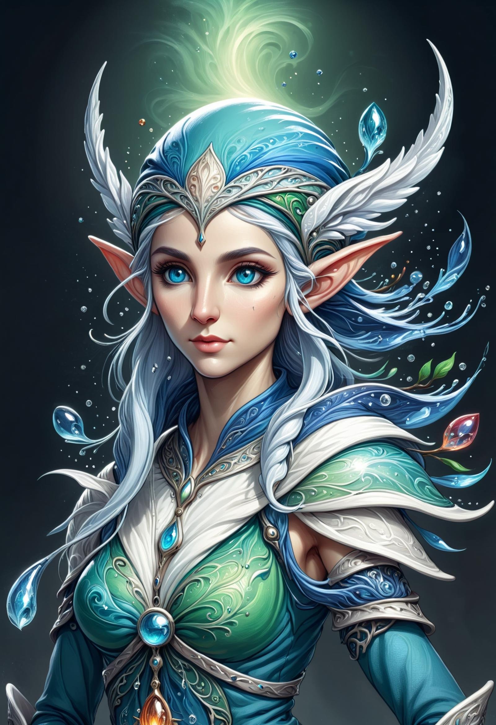 DonMW4t3r3l3XL female elf, chronomancer, headgear <lora:DonMW4t3r3l3XL:1>