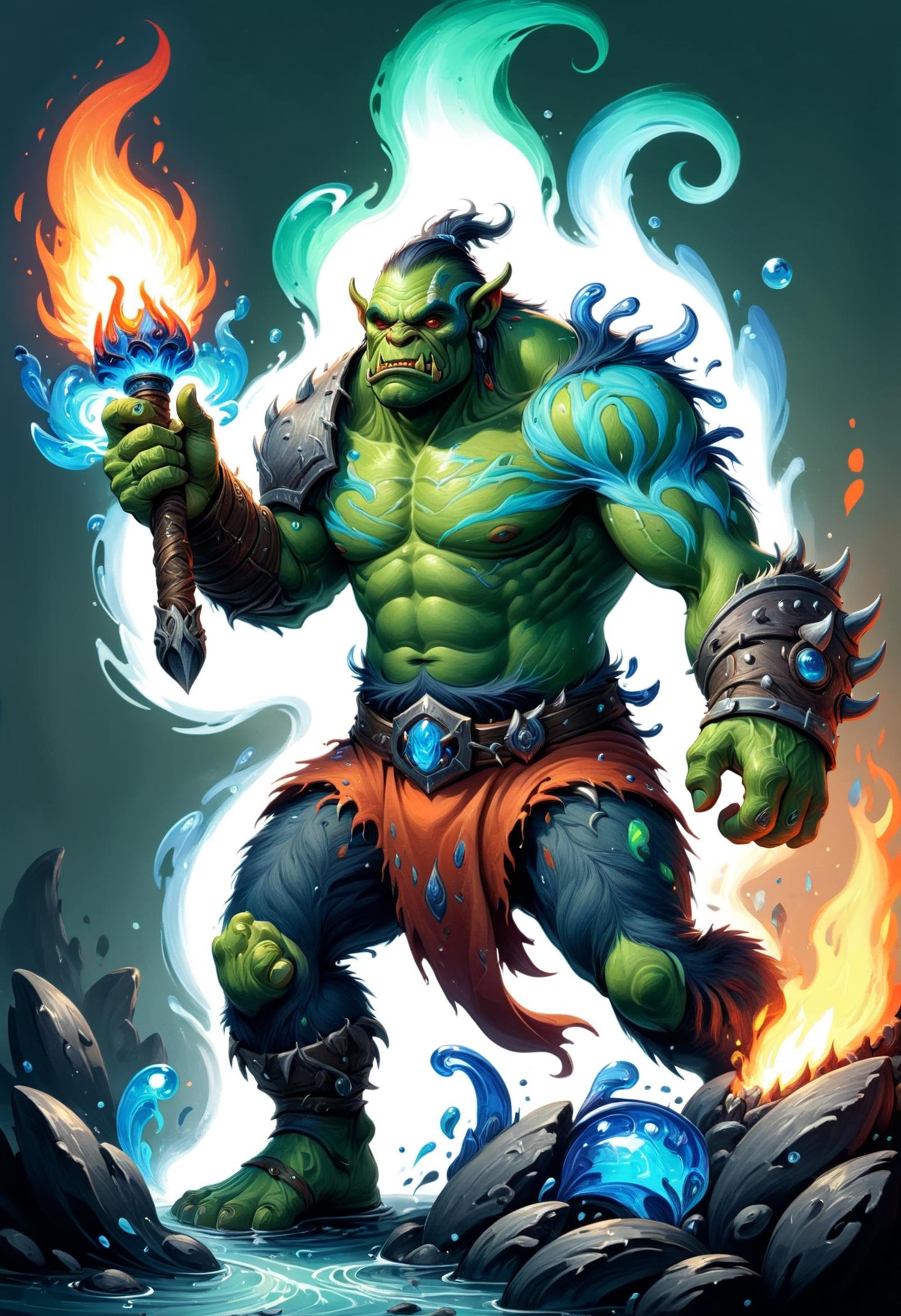 DonMW4t3r3l3XL male greenskin orc, behemoth, ember torch <lora:DonMW4t3r3l3XL:1>