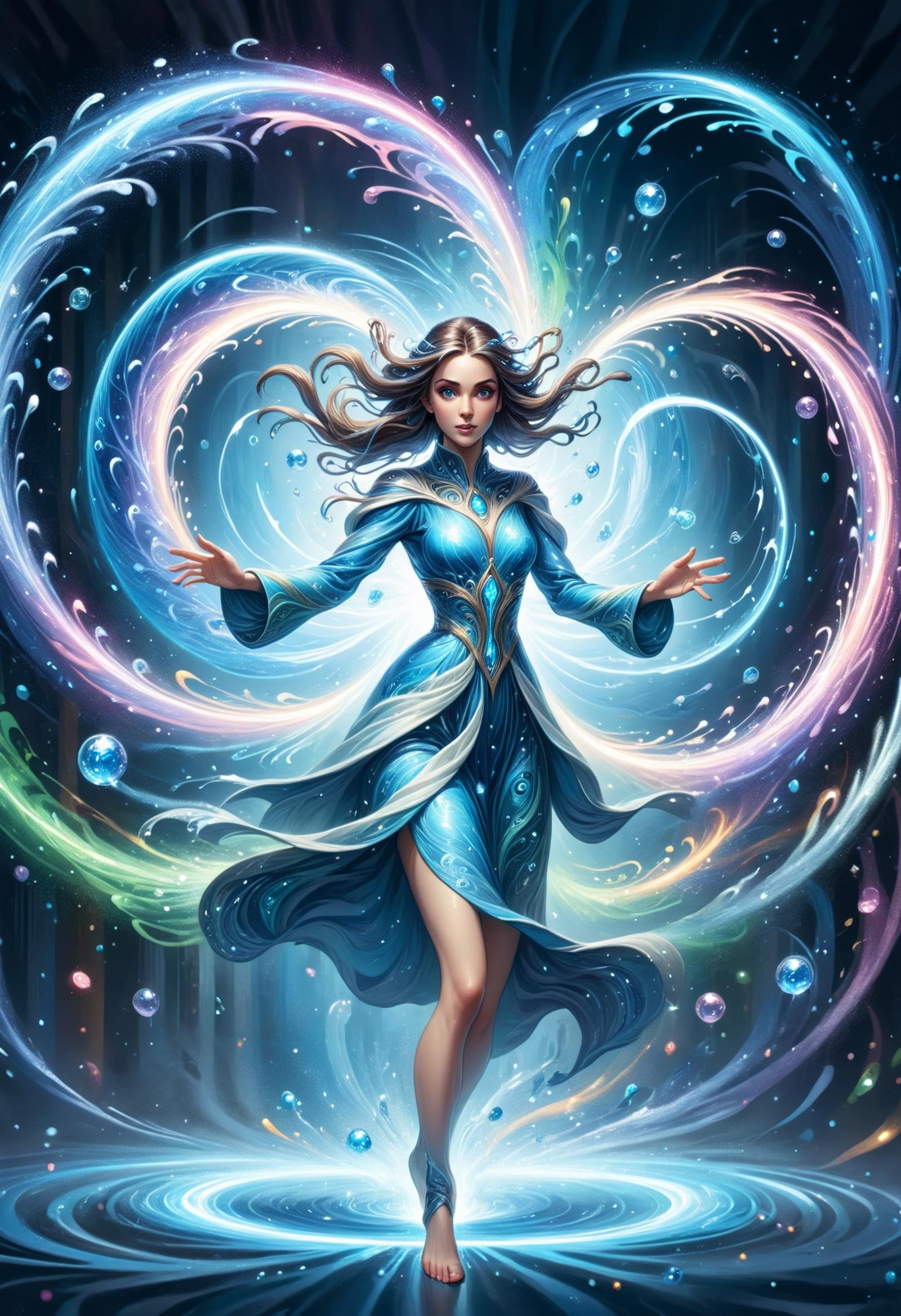 DonMW4t3r3l3XL female teleporting entitie- surrounded by glimmering, swirling lights during teleportation, fey sorcerer <lora:DonMW4t3r3l3XL:1>