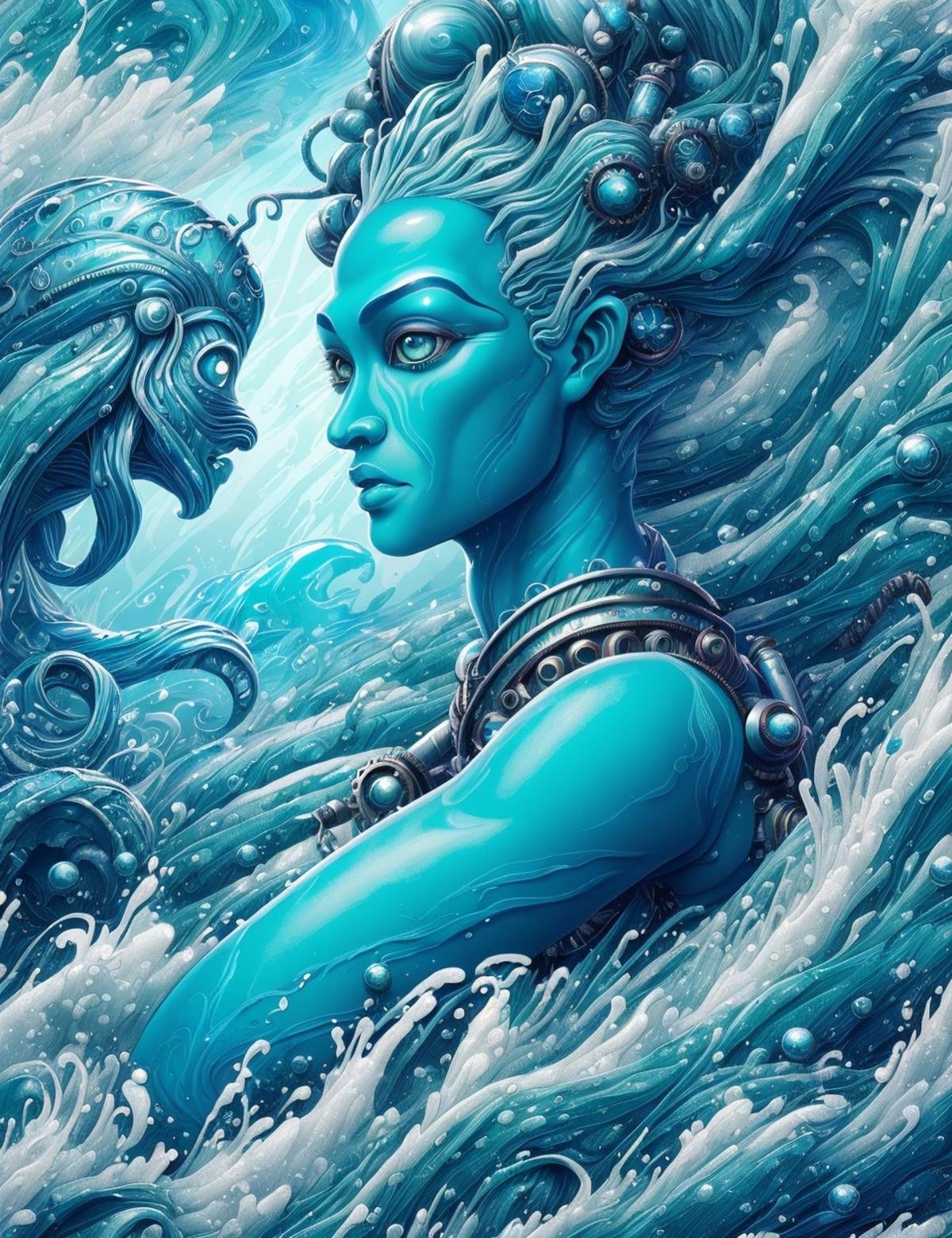 DonMW4t3r3l3 aziza, Mythical sea creatures from Scottish folklore,  humanoid with blue skin, known for their prowess in water,  can create storms and challenge sailors,  associated with the unpredictable nature of the sea, steampunk,futuristic,dying,crumble ,  <lora:DonMW4t3r3l3:0.9>