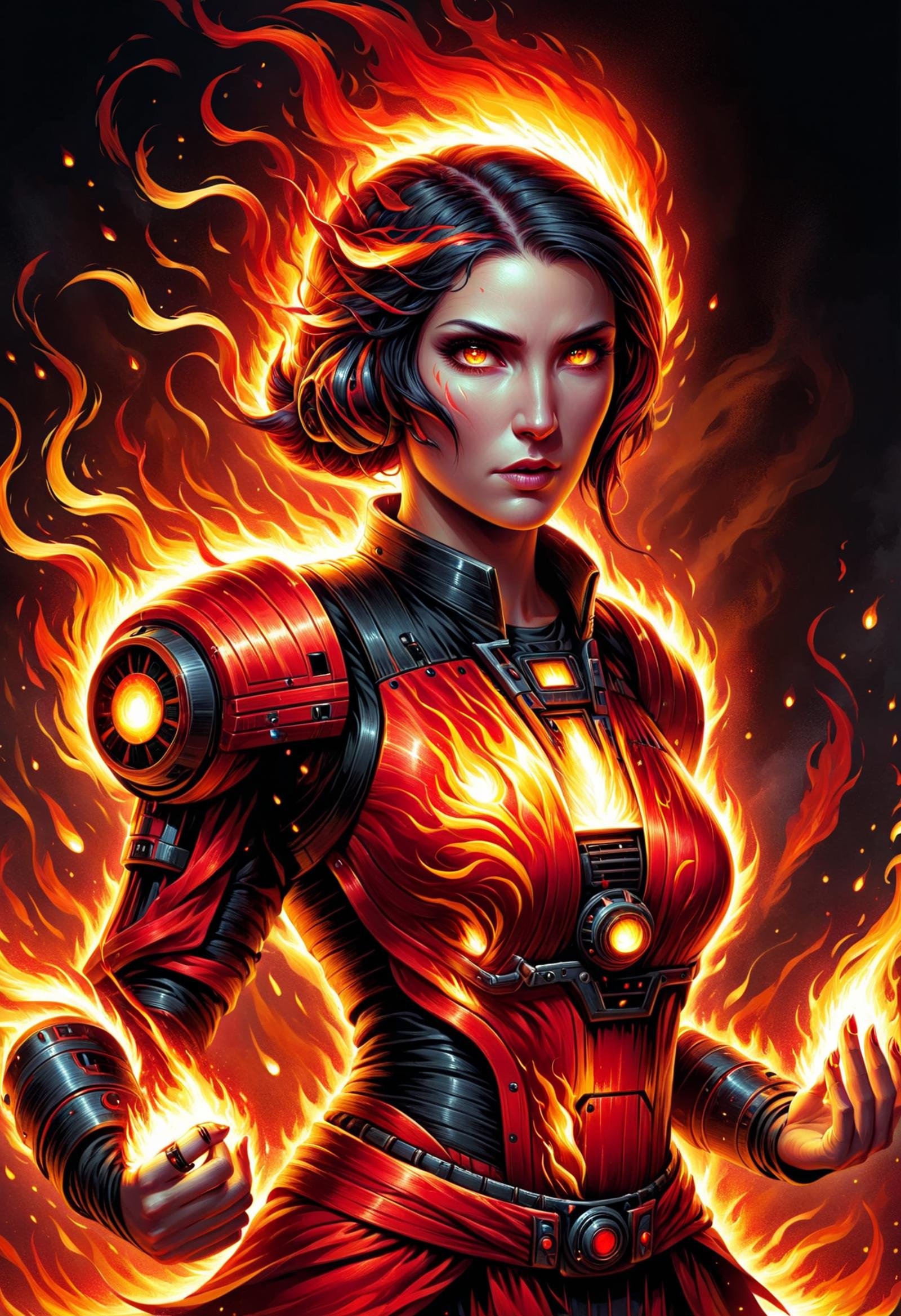 DonMF1r33l3XL fire, female cortos, telepathic communicator,sith juggernaut,  <lora:DonMF1r33l3XL:1>