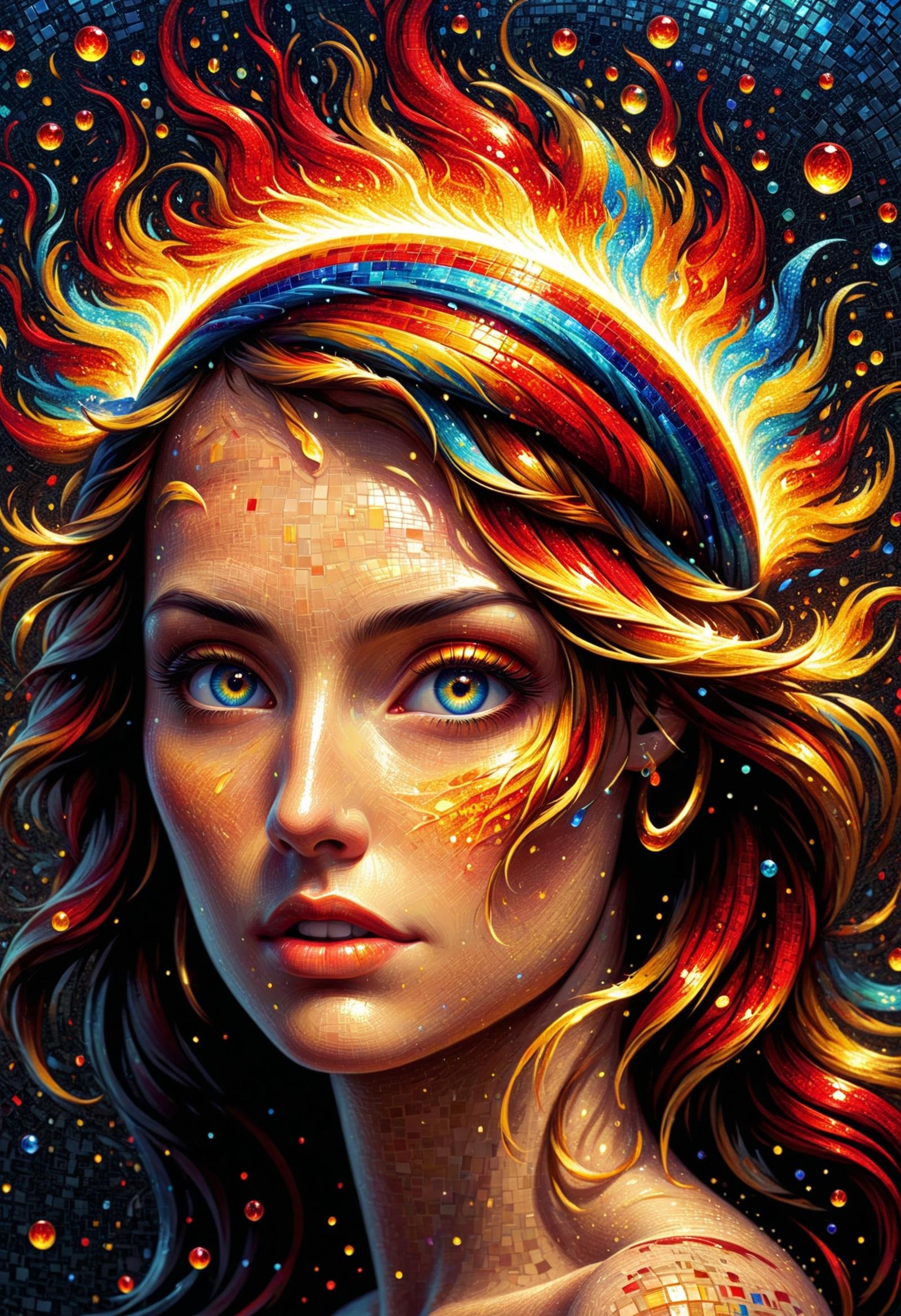 DonMF1r33l3XL mosaic art,  art galleries, physically-based rendering, renderware engine, pointillist, cliche verre, renaissance, cell animation,  lens blur, hd, artistic, syntax,  <lora:DonMF1r33l3XL:1>