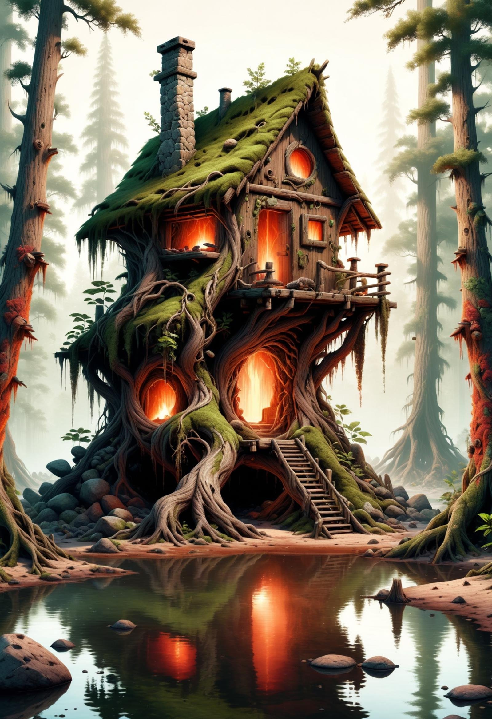 DonM34r7h3l3XL, forest dwelling place in swamp biome,    <lora:DonM34r7h3l3XL:1>