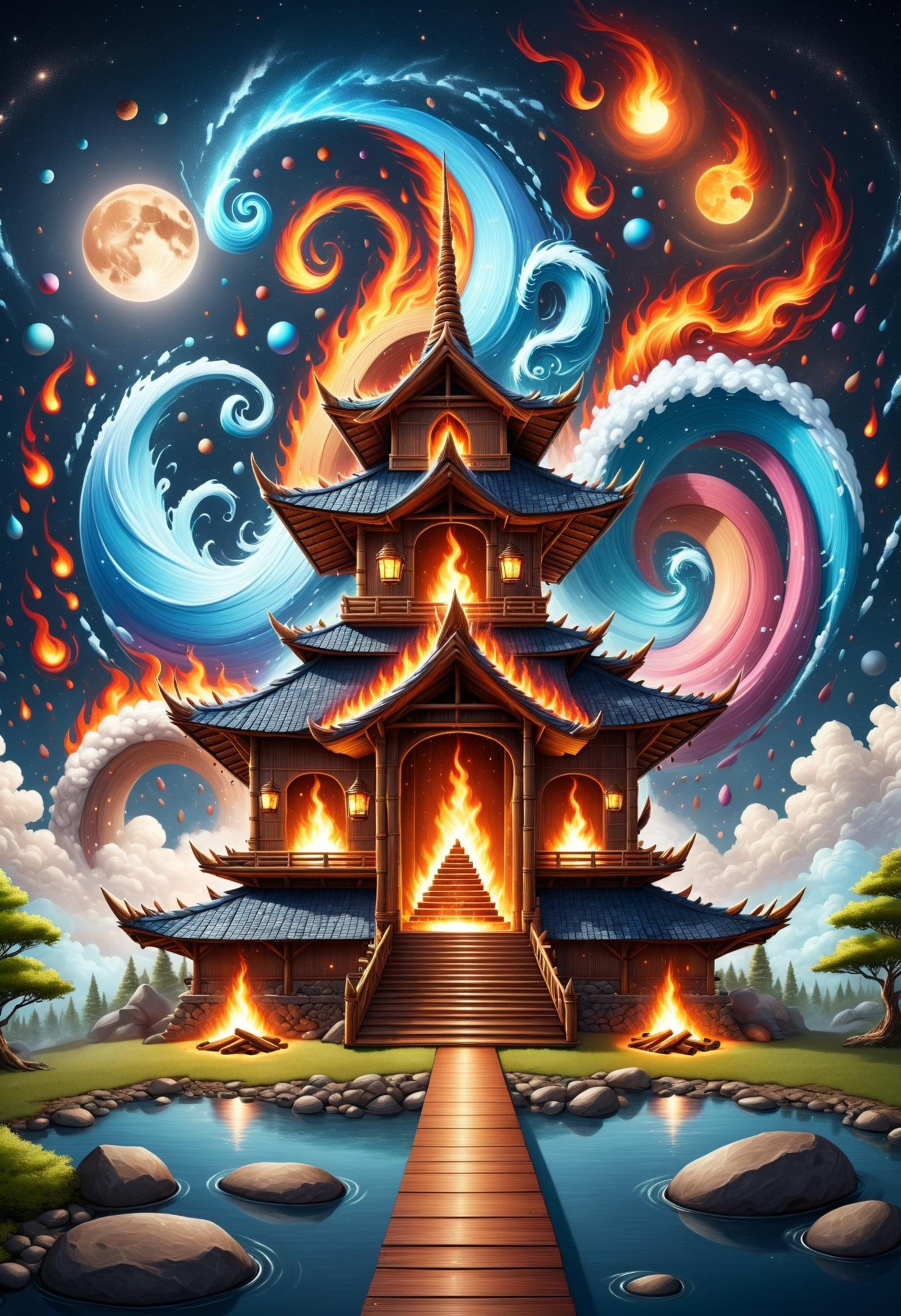 DonMM4573r0f3l3XL, celestial unicorn palace, wood shingles or shake roof,bamboo, bonfires, footlighting,     <lora:DonMM4573r0f3l3XL:1>