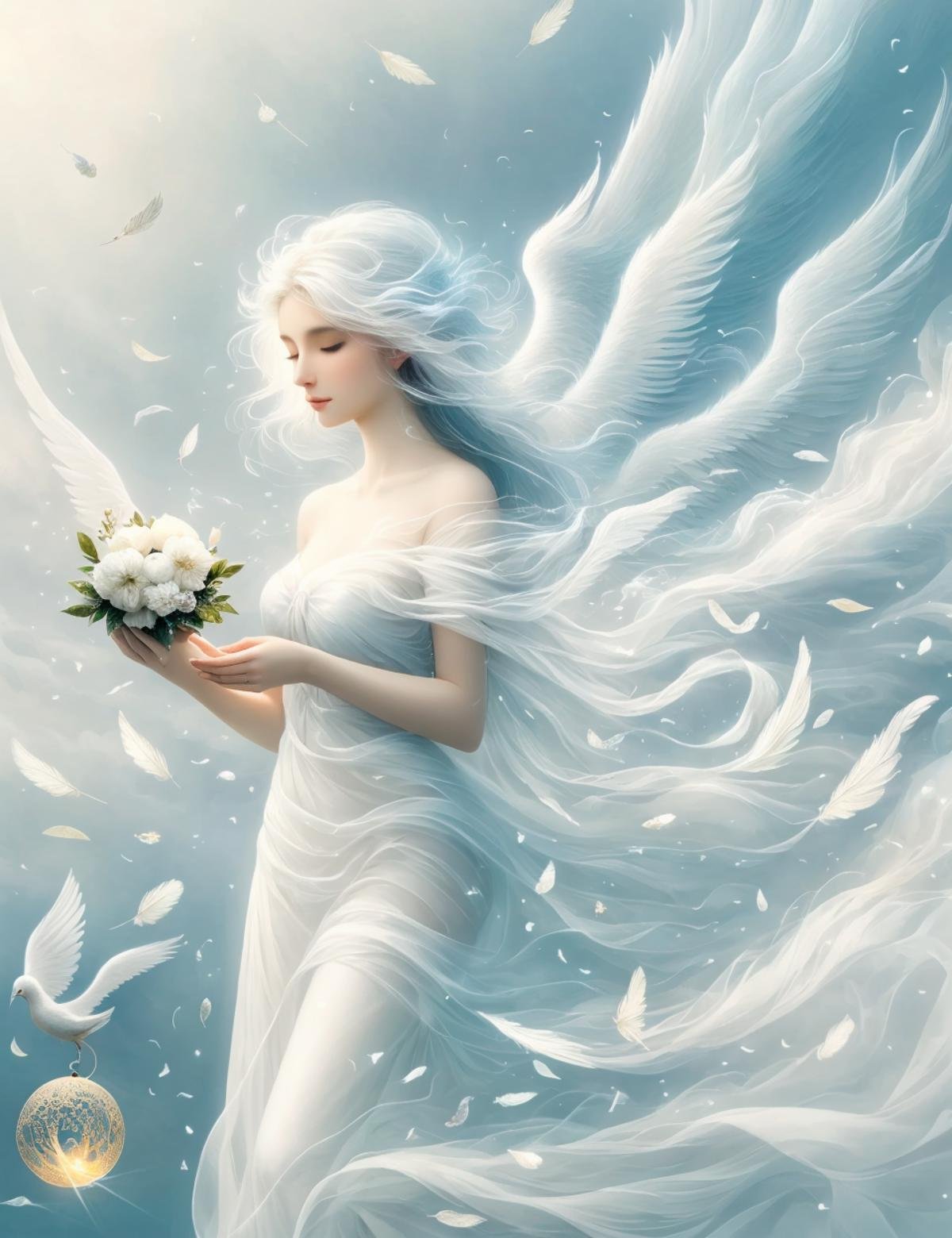 DonM41r3l3 wind, air, pari, Ethereal and graceful beings,  beautiful winged women, nature and magic,  purity, enchantment, healing powers, benevolent, <lora:DonM41r3l3:0.9>