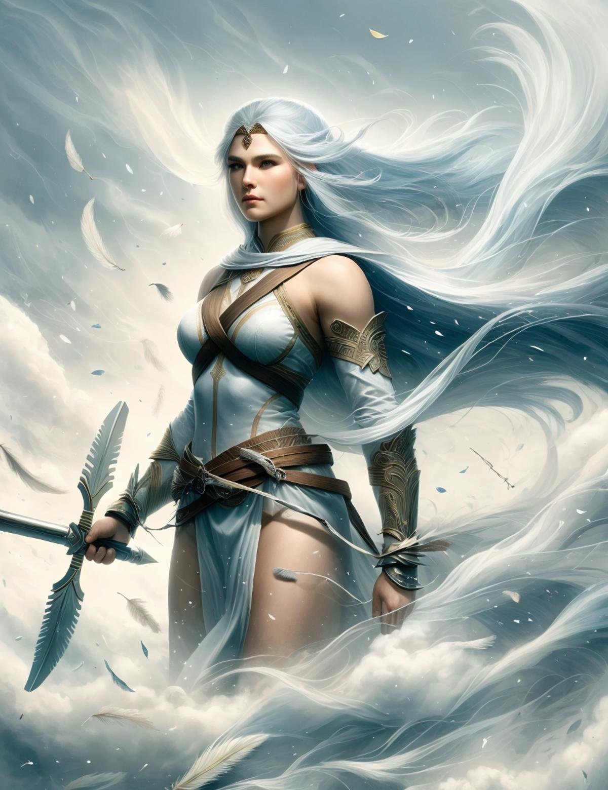 DonM41r3l3 wind, air, amazon, fearless female warrior, skilled archer, formidable strength, independent and self-reliant, tall and muscular stature, battle-hardened, warriors of ancient myths, honor and bravery, fantasy, <lora:DonM41r3l3:0.9>