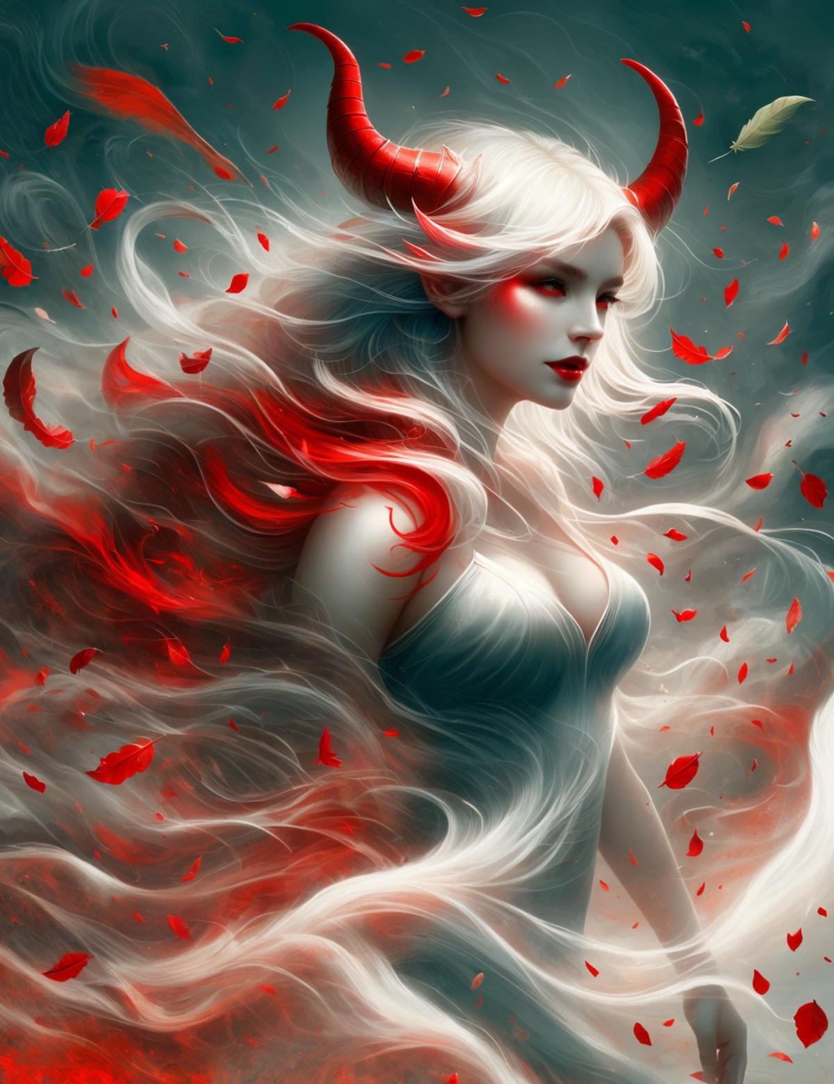 DonM41r3l3 wind, air, female  devil, embodiment of evil, cunning and charismatic, red skin, devil horns, fantasy, fragmented, <lora:DonM41r3l3:0.9>