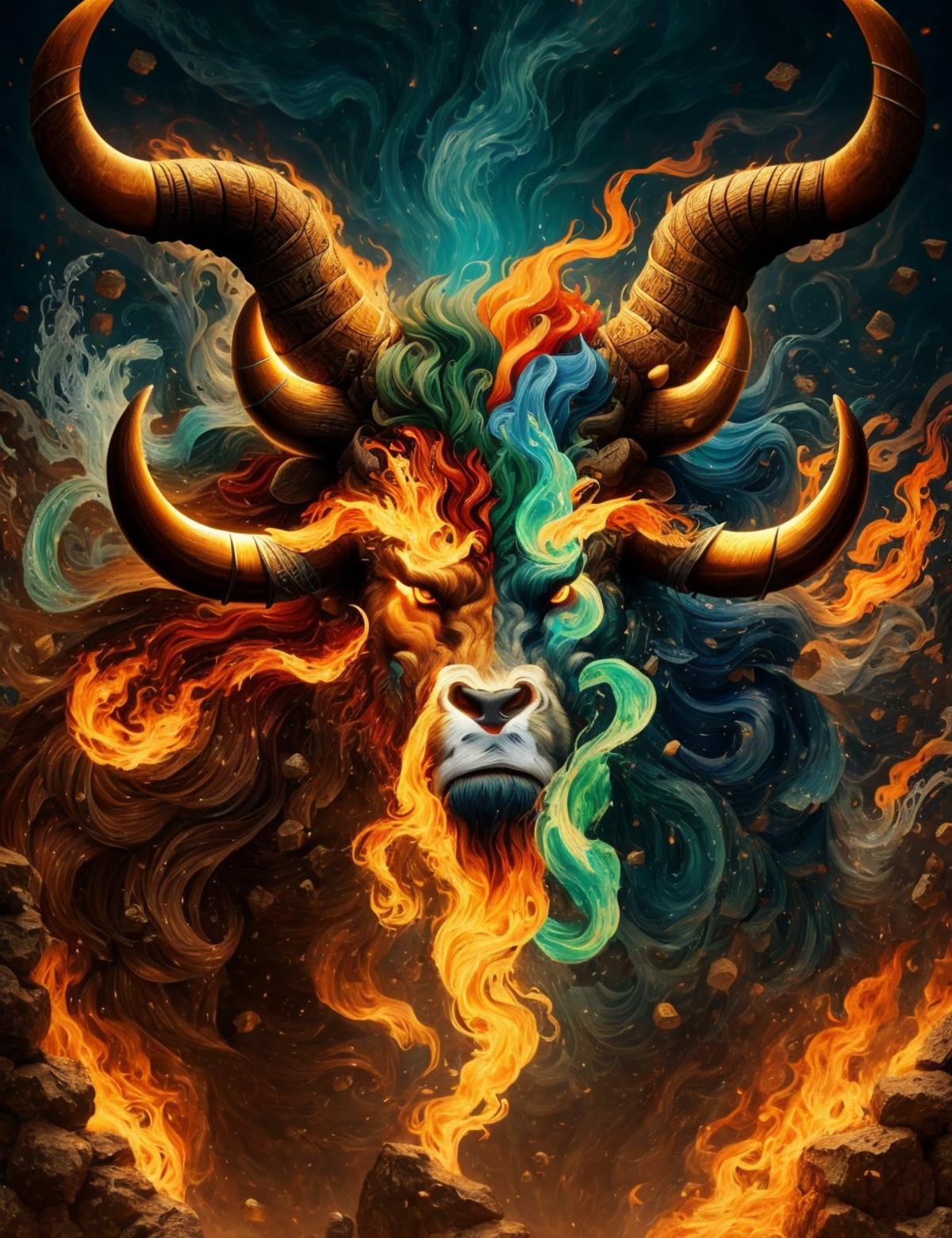 DonMM4573r0f3l3, minotaur, mythical creature with the head of a bull and the body of a man, greek mythology, fierce and monstrous, chaos, primal instinct, fantasy ,   <lora:DonMM4573r0f3l3:0.8>