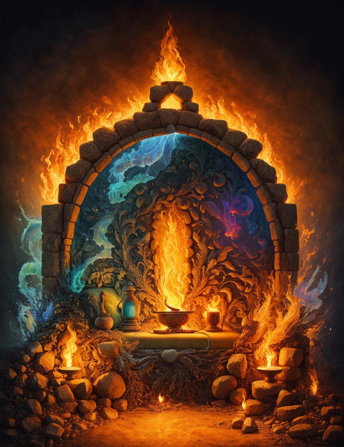 DonMM4573r0f3l3, ancient guardian chamber, couch, precast concrete,ghiordes knot tapestry, bonfire,oil lamps, rim lighting,fantasy,   <lora:DonMM4573r0f3l3:0.9>