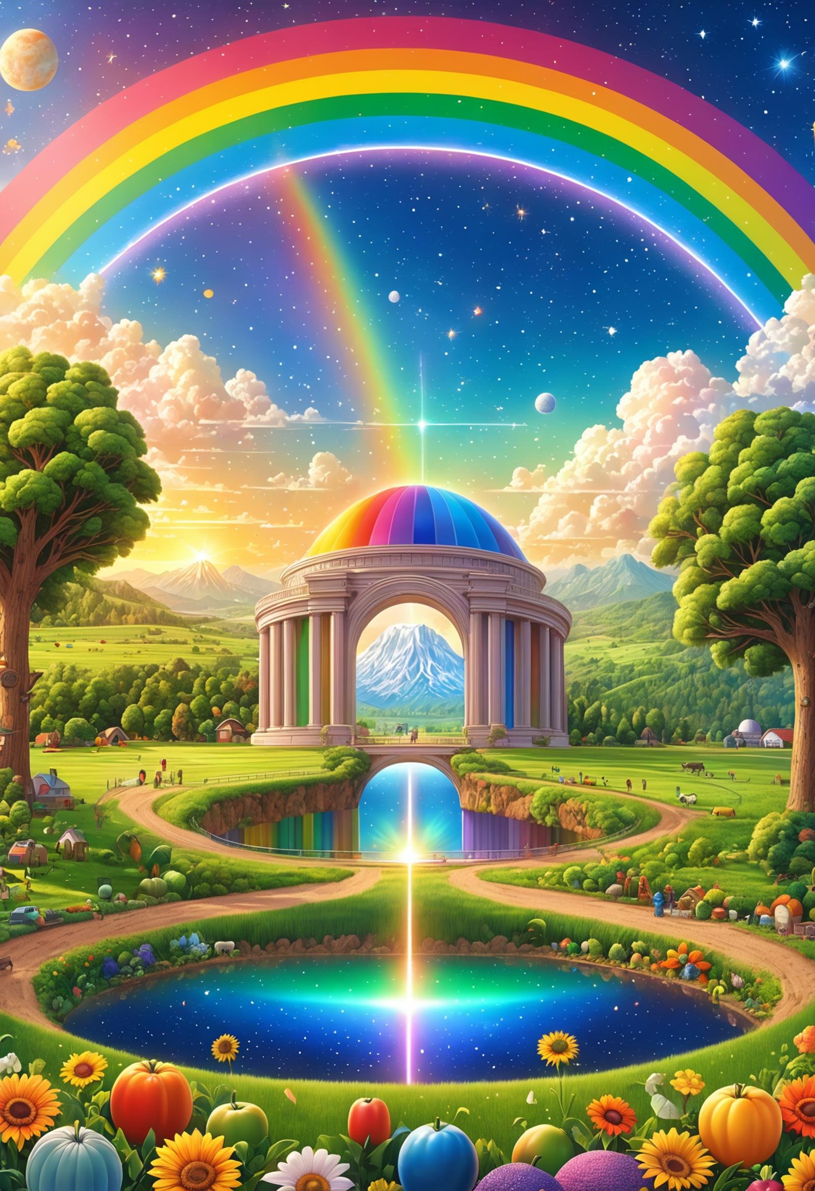 DonMM47hXL, hyper detailed masterpiece, dynamic realistic digital art, awesome quality,gleaming observatory,natural surroundings rainbow bridge of connection,agricultural paradisiacal procedural sky,stellar phenomena, balmy,beaming,monumental   <lora:DonMM47hXL-000006:1>