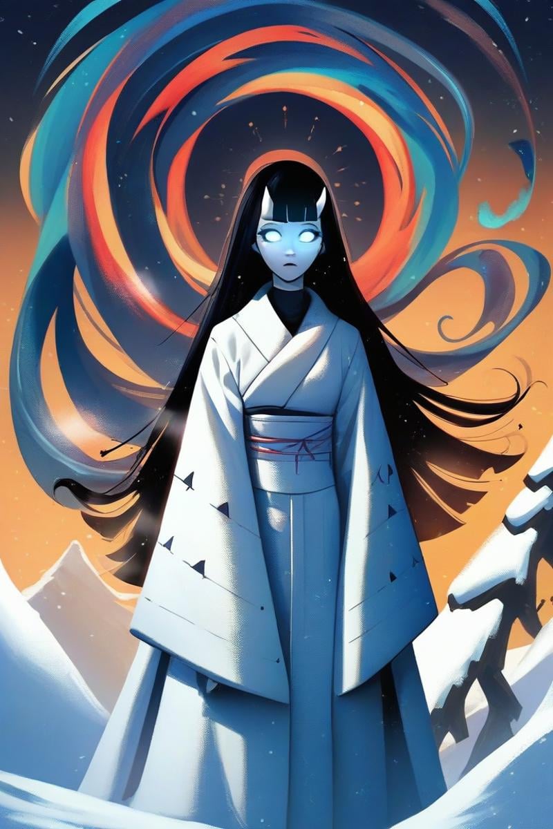 score_9, score_8_up, score_7_up, score_6_up, score_5_up, DonMM47hXL geometric, colorful, shellycoat, japanese snow ghost, female, cold ethereal beauty, white kimono, long black hair, pale skin, glowing eyes,  winter, snow, haunting, supernatural, stygical, demonic expression, rating_safe, <lora:DonMM47hXL-pony:1>