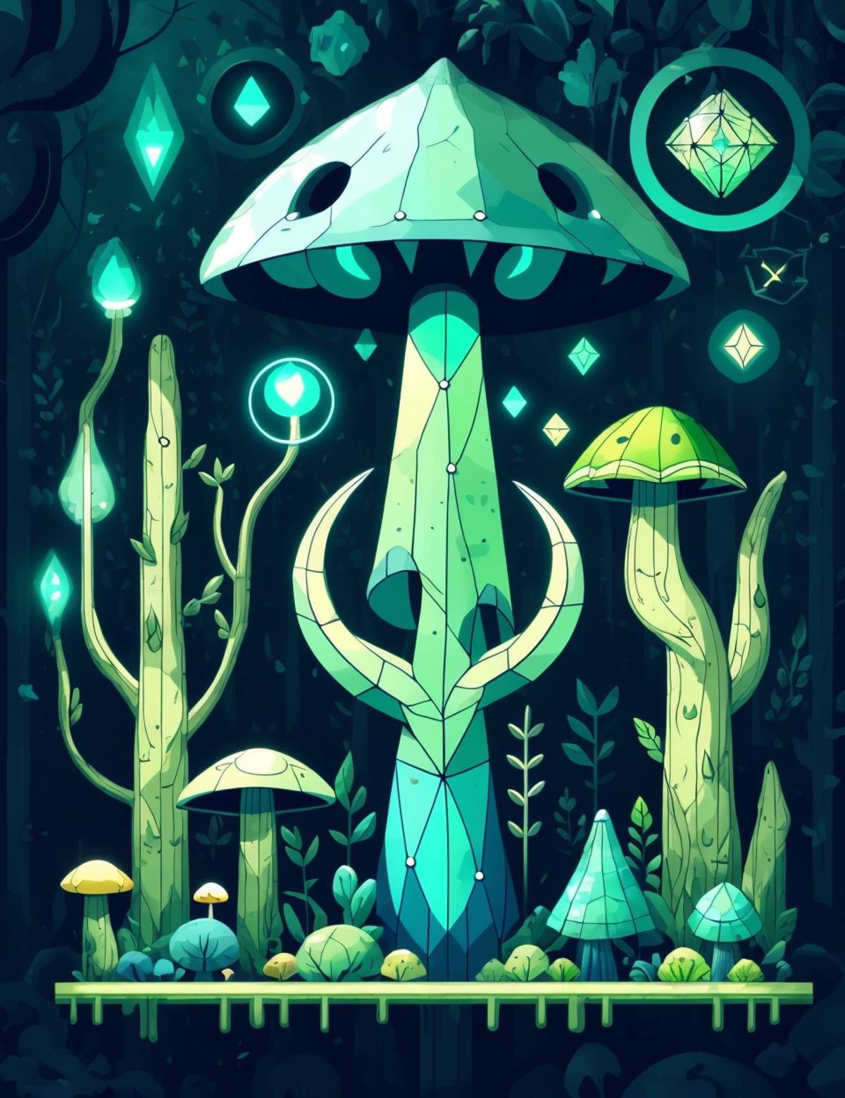 masterpiece illustration, detailed, hires, octane rendering,DonMM47h  cobalt teal lush flat ribbed mushroom, delicate,  root colonization by fungi, swamp, trooping, bioluminescence,  annulus (ring),,polygonal pores,,cap margin ridged pileus bluish-green gradually tapering to a club-shaped base,  }   <lora:DonMM47h:1>