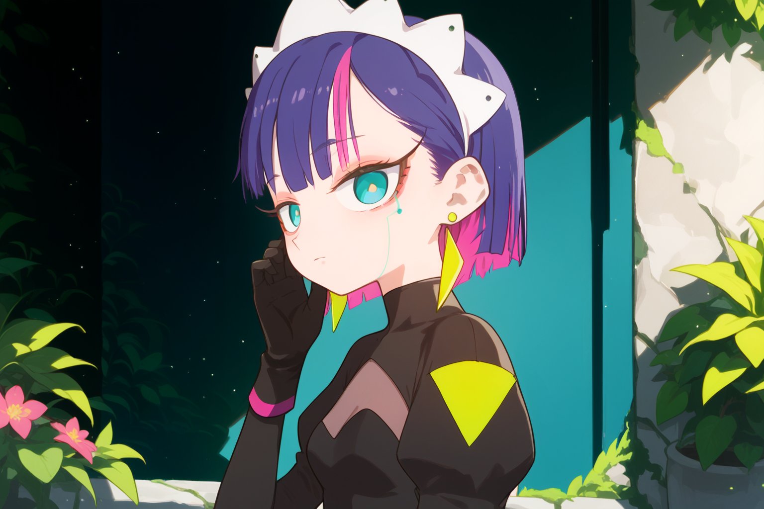 score_9_up,score_8_up, source_anime,solo,1girl, short hair, gloves, purple hair, multicolored hair, black gloves, maid headdress, earrings, Nira-Chan,score_9