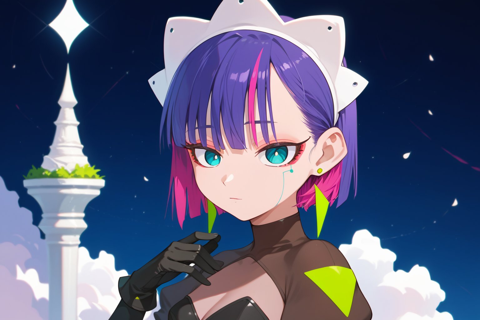 score_9_up,score_8_up, source_anime,solo,1girl, short hair, gloves, purple hair, multicolored hair, black gloves, maid headdress, earrings, Nira-Chan