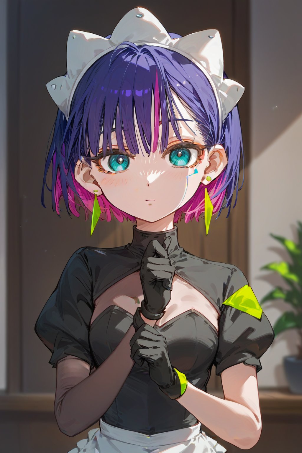 score_9_up,score_8_up, source_anime,solo,1girl,

short hair, gloves, purple hair, multicolored hair, black gloves, maid headdress, earrings, Nira-Chan,