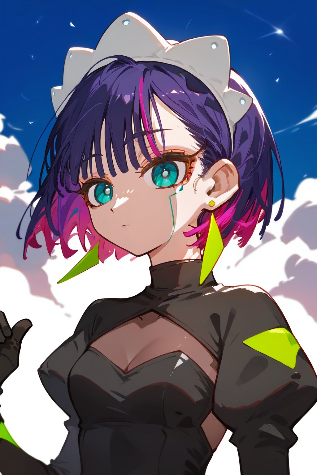 score_9_up,score_8_up, source_anime,solo,1girl,

short hair, gloves, purple hair, multicolored hair, black gloves, maid headdress, earrings, Nira-Chan