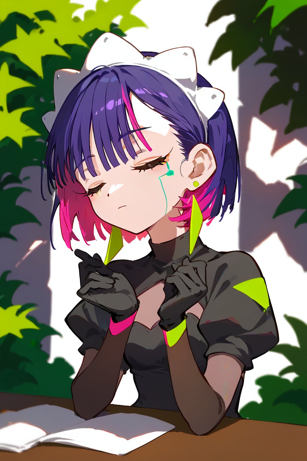 score_9_up,score_8_up, source_anime,solo,1girl,

short hair, gloves, sitting, closed eyes, purple hair, multicolored hair, black gloves, maid headdress, earrings, Nira-Chan