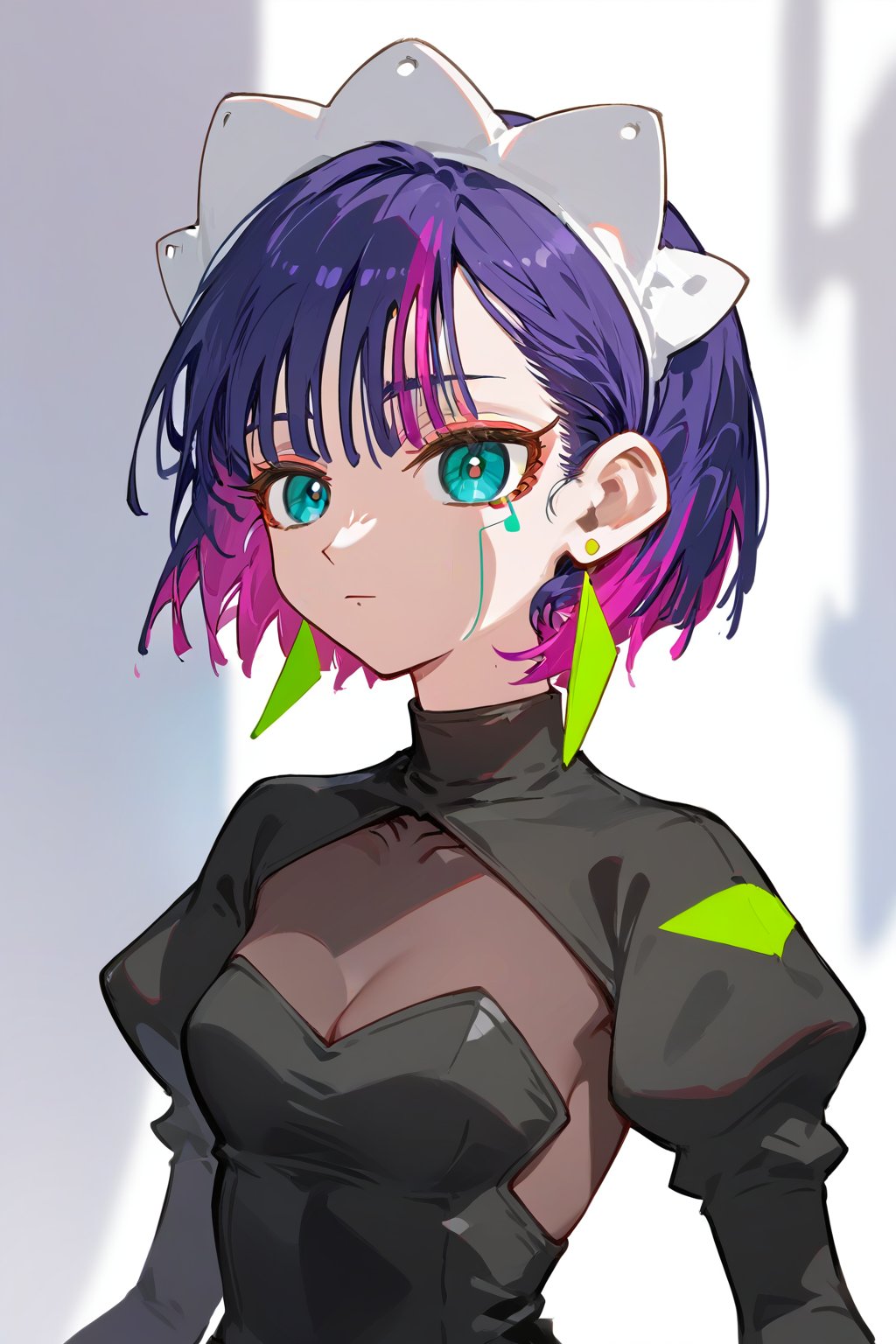 score_9_up,score_8_up, source_anime,solo,1girl,

short hair, gloves, purple hair, multicolored hair, black gloves, maid headdress, earrings, Nira-Chan, upper_body