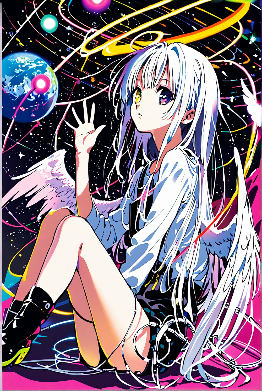 1girl, by yoneyama mai, by maimuro, pseudo-impasto, waving, Heterochromatic pupil, (sitting on a neon planet), cowboy shot,amazing quality, depressed, angel wings, solo, white long hair, wings bangs, provocative, cosmic background, cables and wires contrast aesthetic, beautiful color, (amazing quality:1.5), masterpiece