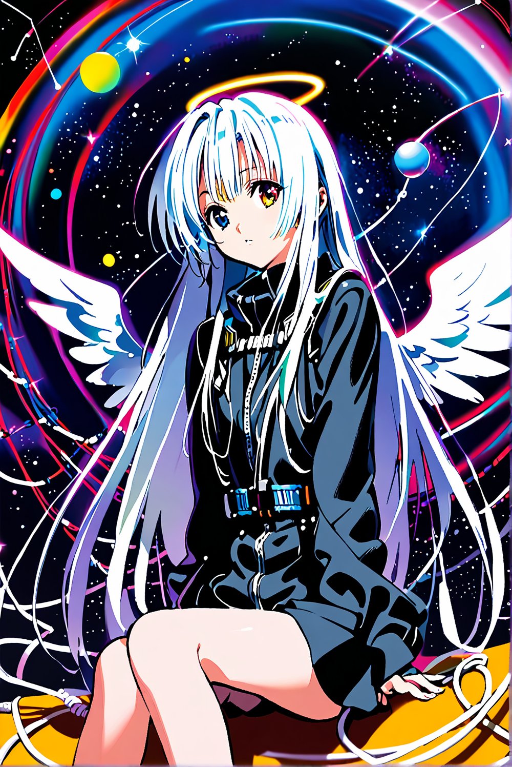 1girl, by yoneyama mai, by maimuro, pseudo-impasto, waving, Heterochromatic pupil, (sitting on a neon planet), cowboy shot,amazing quality, depressed, angel wings, solo, white long hair, wings bangs, provocative, cosmic background, cables and wires contrast aesthetic, beautiful color, (amazing quality:1.5), masterpiece