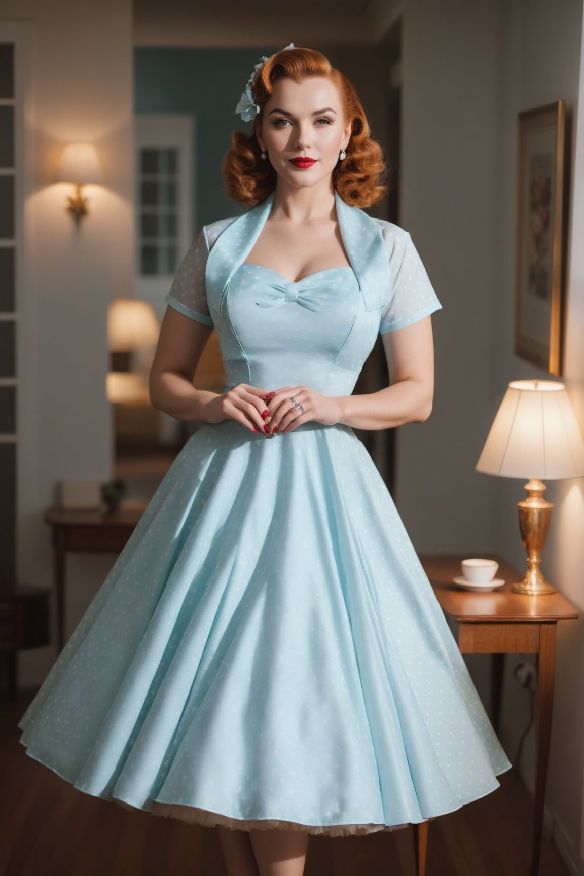 photo of beautiful woman in polkadot 1950s dress, in suburban house, romantic lighting