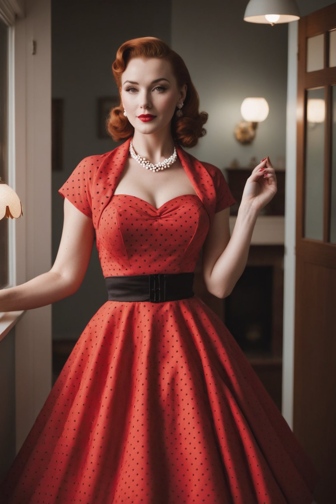 photo of beautiful woman in polkadot 1950s dress, in suburban house, romantic lighting