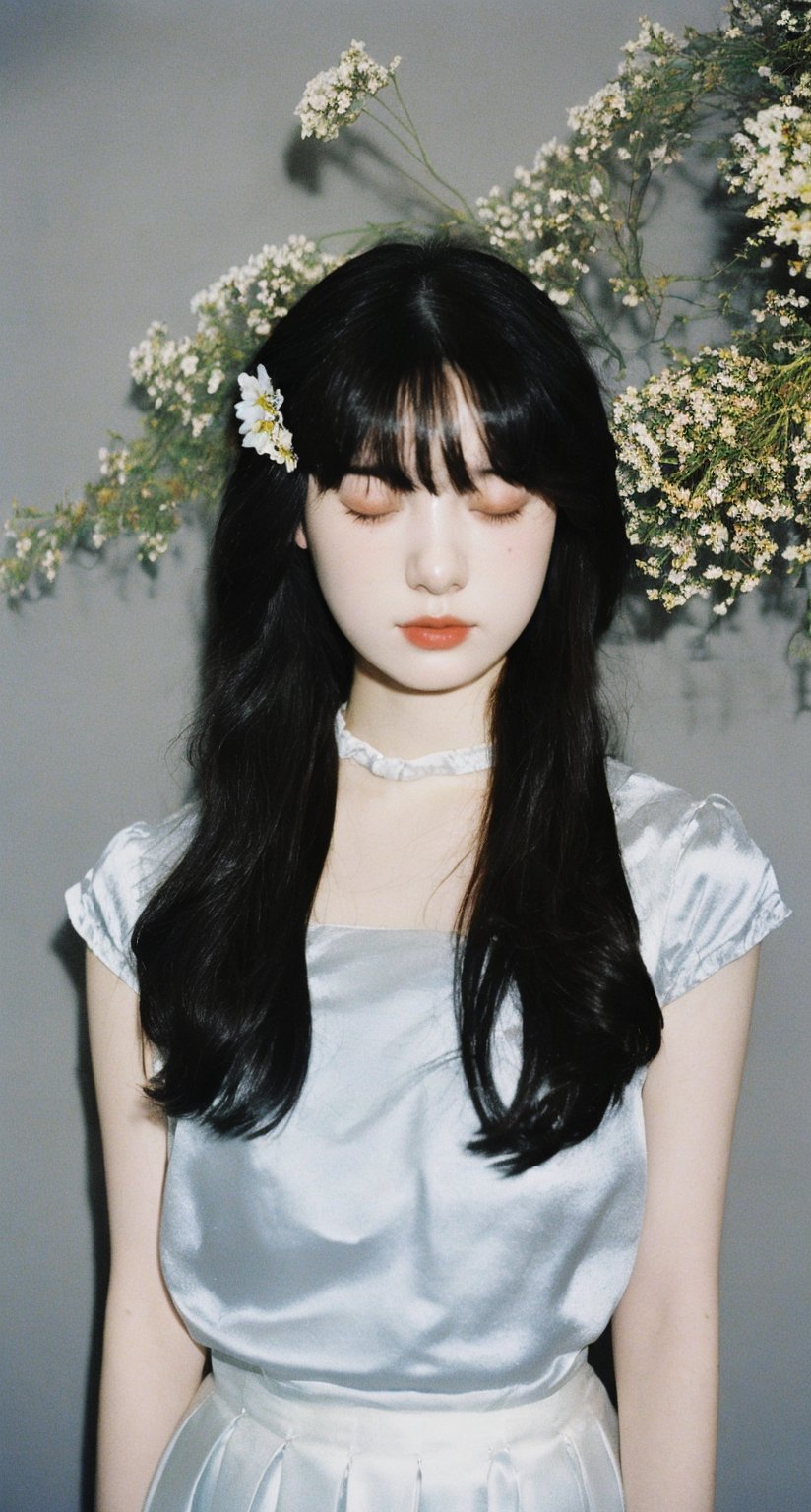 analog photo, a cute girl, 22 years old, black hair, pale skin,White soft satin skirt, choker,((using flowers cover left eyes)), vintage, faded film, film grain,  dark background,Illustration,beautiful deatailed shadow,dust,tyndall effect,lots of detail,hyperdetalization,Upper body