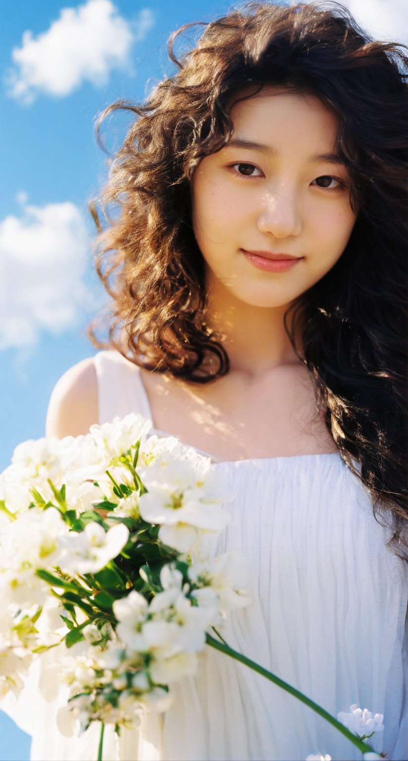 Soft sunshine illuminates the serene portrait of a young Asian woman, dressed in a flowing white gown with a subtle shoulder exposure of 0.9. She gazes directly at the viewer, her curly hair framing her gentle smile and closed mouth. A delicate flower is positioned near her face, surrounded by film particles that add a touch of nostalgia to the scene. The blue sky above is dotted with fluffy clouds, creating a sense of calmness. In this 8K masterpiece, every detail is captured in ultrahigh-resolution quality, revealing the subtle textures and nuances of the subject's features.