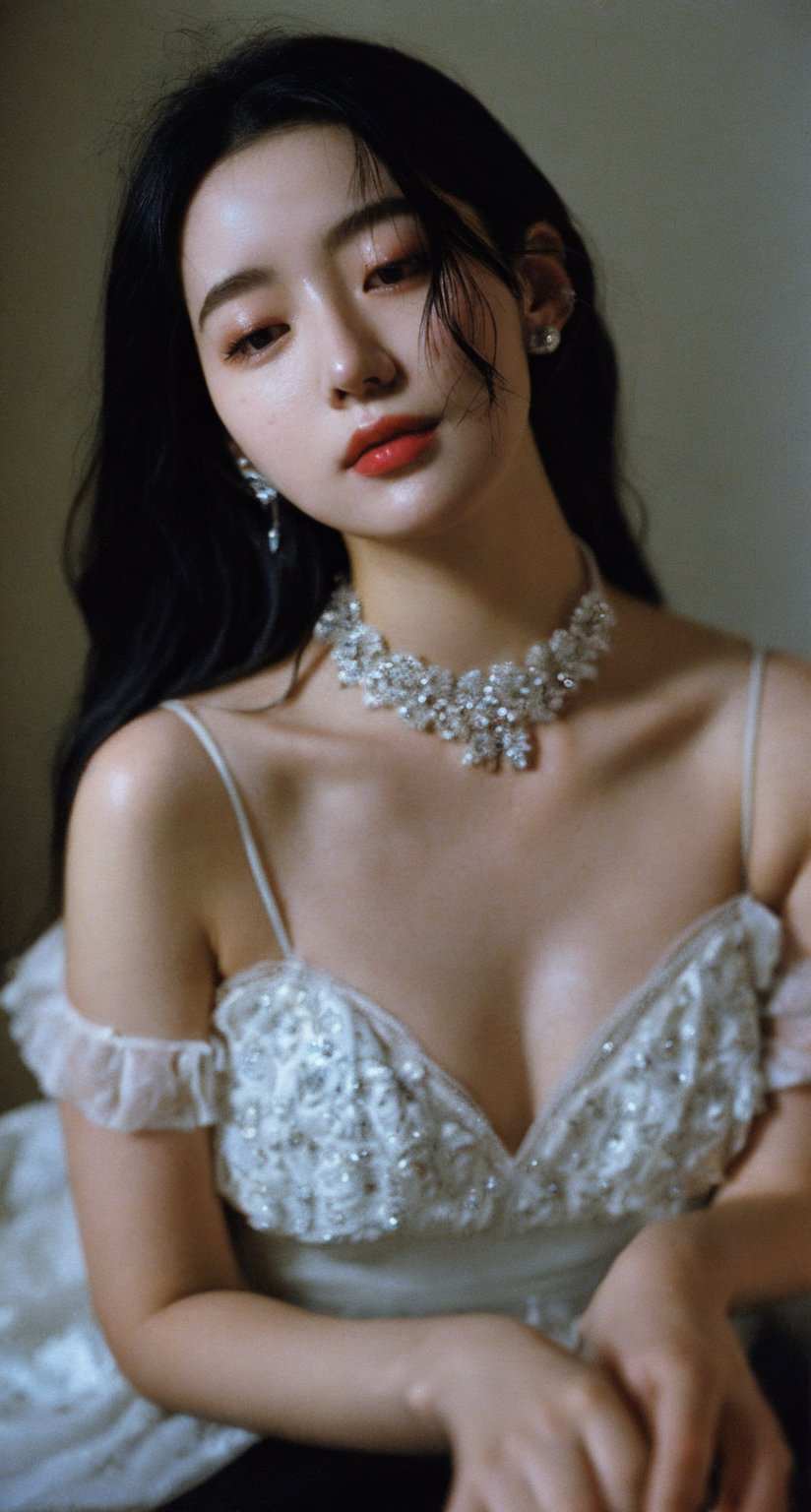 A dreamy, nostalgic scene unfolds as a 22-year-old girl with raven-black hair and porcelain-pale skin sits serenely against a dark, cinematic background. Her delicate features are partially obscured by a floral choker that blooms across her left eye like a tender vine. A soft, white satin skirt flows around her upper body, creating a sense of gentle movement. The vintage, analog photo aesthetic is heightened by the warm, faded tones and visible film grain, evoking a sense of nostalgia. The composition is illuminated by a subtle Tyndall effect, casting a mystical glow on the subject's features. Every detail is meticulously rendered, from the fine dust particles suspended in mid-air to the beautifully detailed shadows that dance across her skin. Hyper-detailed, this illustration masterfully captures the essence of a bygone era.