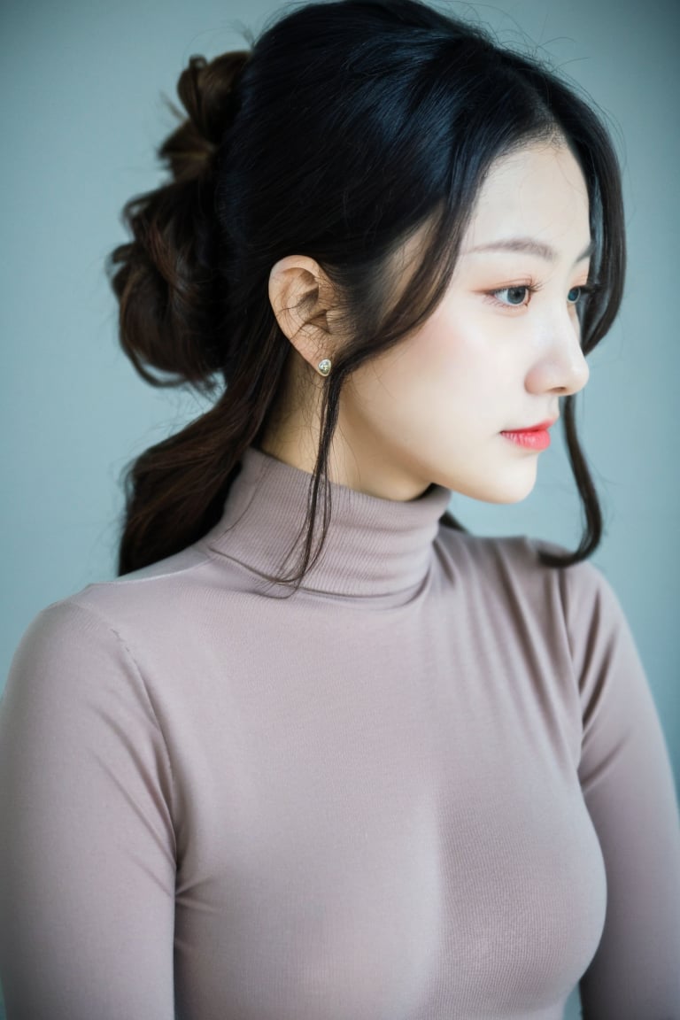 long curl hair,profile picture,goddess of dust,a woman in black turtle neck top,featured on cg society,inspired by henri fantin-latour,popular korean makeup,dark pastel colors,black hairs,wearing light,cinematic style photograph,shoulders can be seen,tight bun,wearing beanie,