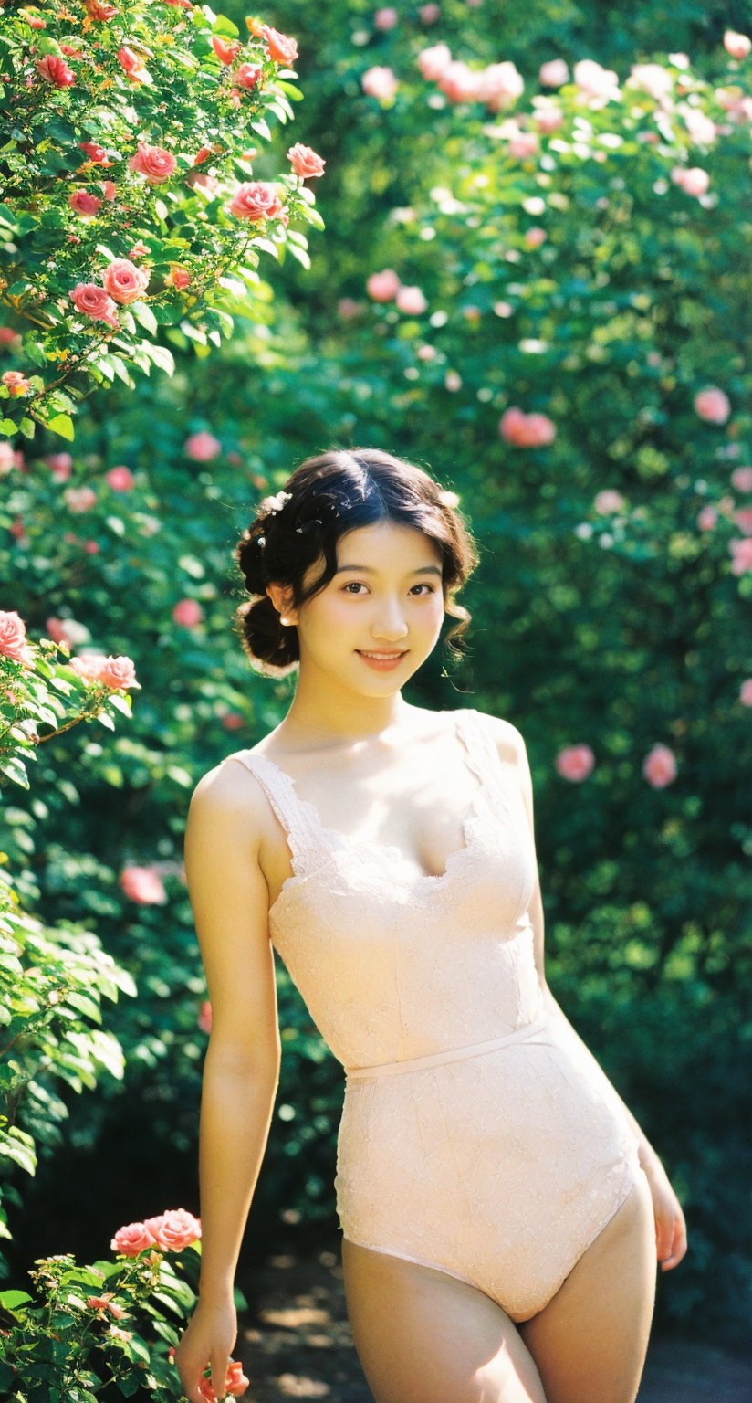 A serene beauty poses in a lush rose garden, adorned with a double bun hairstyle and a delicate floral lace leotard that accentuates her ample bust. Amidst the soft, natural light, butterflies flutter around her, as if drawn to the gentle radiance of her smile. The pastel color palette and analog film aesthetic evoke a sense of nostalgia and wonder. Framed by a warm glow, Kodachrome's signature vibrancy brings this idyllic scene to life.