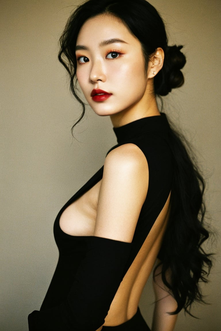 A cinematic portrait of the Goddess of Dust: A woman with long, curly black hair and a tight bun, wearing a black turtle neck top, features prominently in a profile picture. Her dark pastel-painted lips and subtle makeup, inspired by popular Korean trends, add an air of mystique. Henri Fantin-Latour's influence is evident in the soft focus and gentle lighting, which creates a sense of intimacy. The model's shoulders are partially visible, as she gazes directly at the camera, her expression enigmatic. A beanie adds a touch of understated elegance to this striking image, showcased on CG Society.