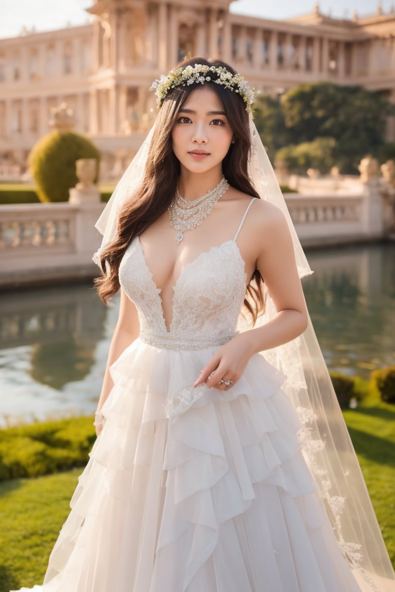 A majestic portrait of a stunning 20-year-old Asian girl, solo and radiant. She poses alluringly, her exposed shoulders framing her shapely full body as she gazes directly at the viewer with her captivating brown eyes. A delicate flower crown adorns her hair, which falls elegantly across her forehead in soft bangs. A birdcage veil drapes delicately around her neck, complementing the Y-shaped necklace that catches the light. Her Cupid's bow mouth curves invitingly as she stands resplendent in a flowing wedding dress, set against the grandeur of a palace backdrop.