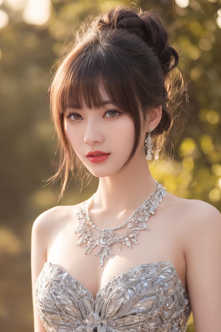 A stunning portrait of a Japanese idol with her hair styled in an elegant updo, smile, necklace, chiffon dress, showcases a mesmerizing crystal and silver entanglement above her waist. The high-definition image is a masterpiece, featuring intricate textures and hyper-quality details that leap off the page. Every delicate texture is meticulously rendered, 