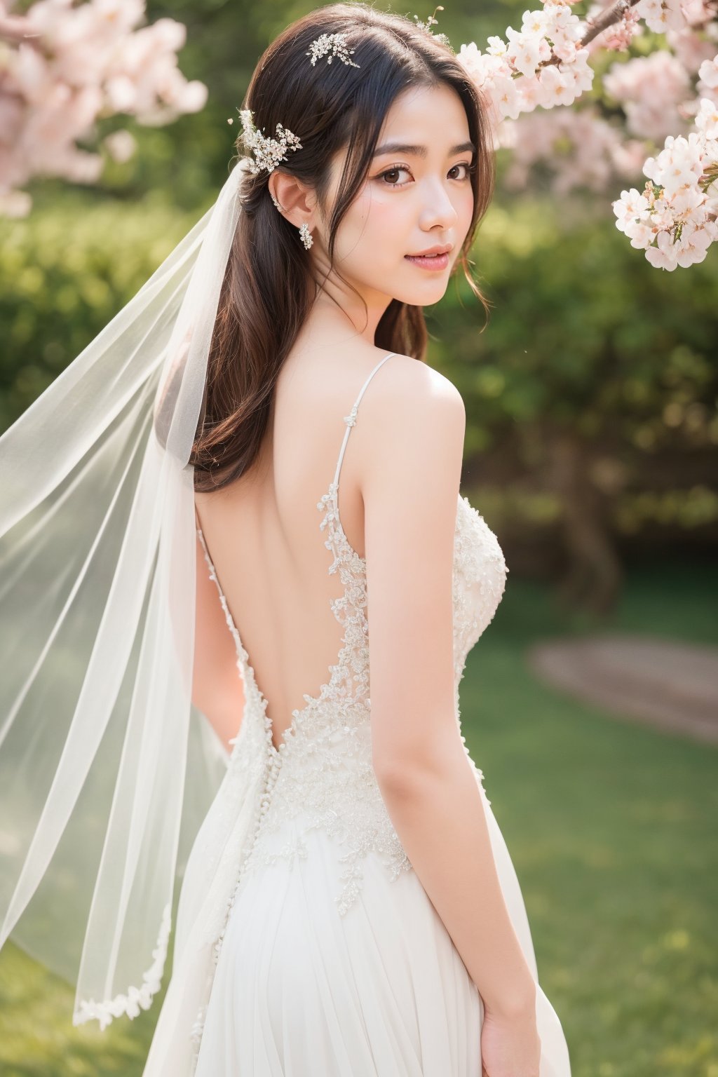 A serene outdoor setting, with cherry blossoms and meadows in full bloom. A radiant bride, dressed in a stunning gradient-hued wedding dress, stands amidst the natural beauty, her delicate facial features illuminated by soft, warm light. Her long, blonde hair flows gently in the breeze, as petals from the blooming trees float around her. The camera captures multiple angles, showcasing the intricate details of her outfit, including the transparent cloth draped across her shoulders and the bridal veil flowing behind her. Her eyes, a mesmerizing blend of blue and green, sparkle with joy. In the distance, angelic wings unfold from her back, as if she's about to take flight, surrounded by the breathtaking scenery.