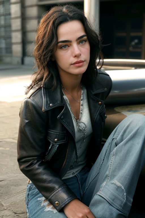 Realistic photo of Ana Paula Arosio woman, realistic and detailed face, realistic and detailed eyes, dressed in rock style, wearing a black leather jacket and ripped jeans, with a guitar in the background, cinematic style