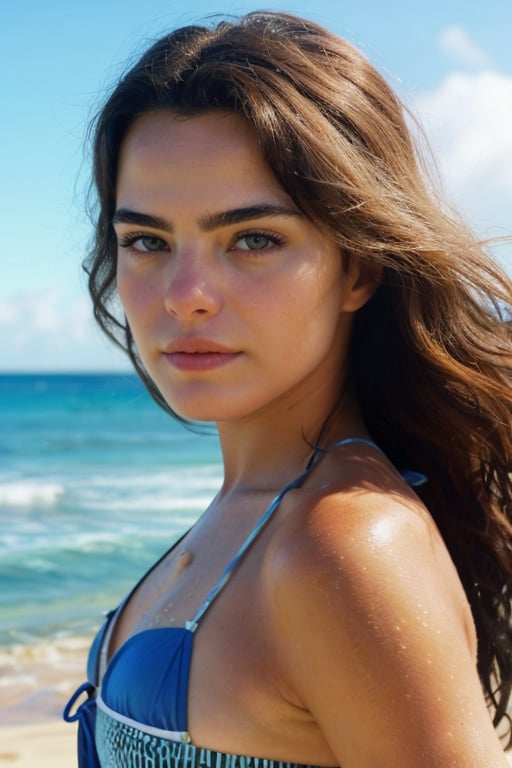 Realistic photo of Ana Paula Arosio woman, realistic and detailed face, realistic and detailed eyes, wearing in a bikini, on a sunny beach with the sea waves crashing in the background, cinematic style