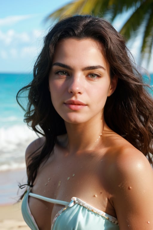 Realistic full body photo of Ana Paula Arosio woman, realistic and detailed face, realistic and detailed eyes, wearing in a bikini, on a sunny beach with the sea waves crashing in the background, cinematic style