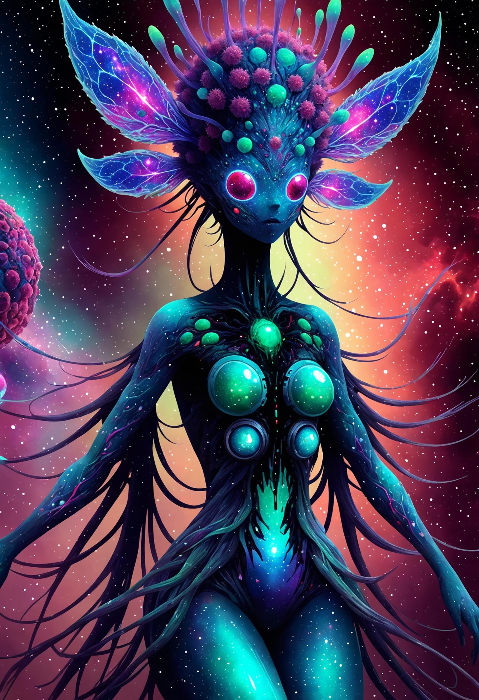 DonMV1r4lXL viral, pathogenous, apocalyptic science fiction of nebula nymph- ethereal being with flowing, shimmering garments reflecting nebula colors , virtual reality programmer  <lora:DonMV1r4lXL-000006:1>