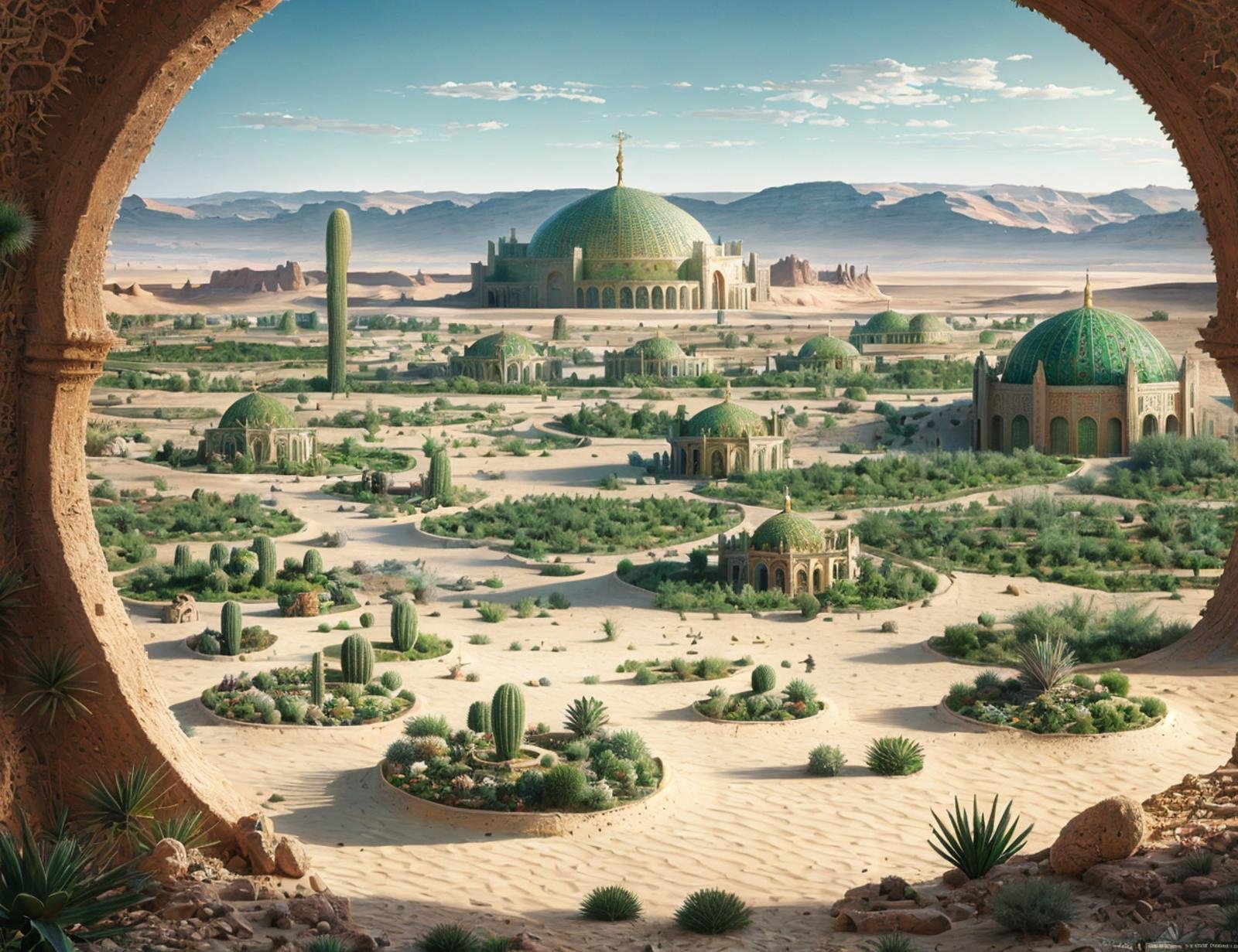 masterpiece illustration, detailed, hires, octane rendering, DonMV1r4l  desert oasis dwelling in mediterranean biome  <lora:DonMV1r4l-000006:0.8>