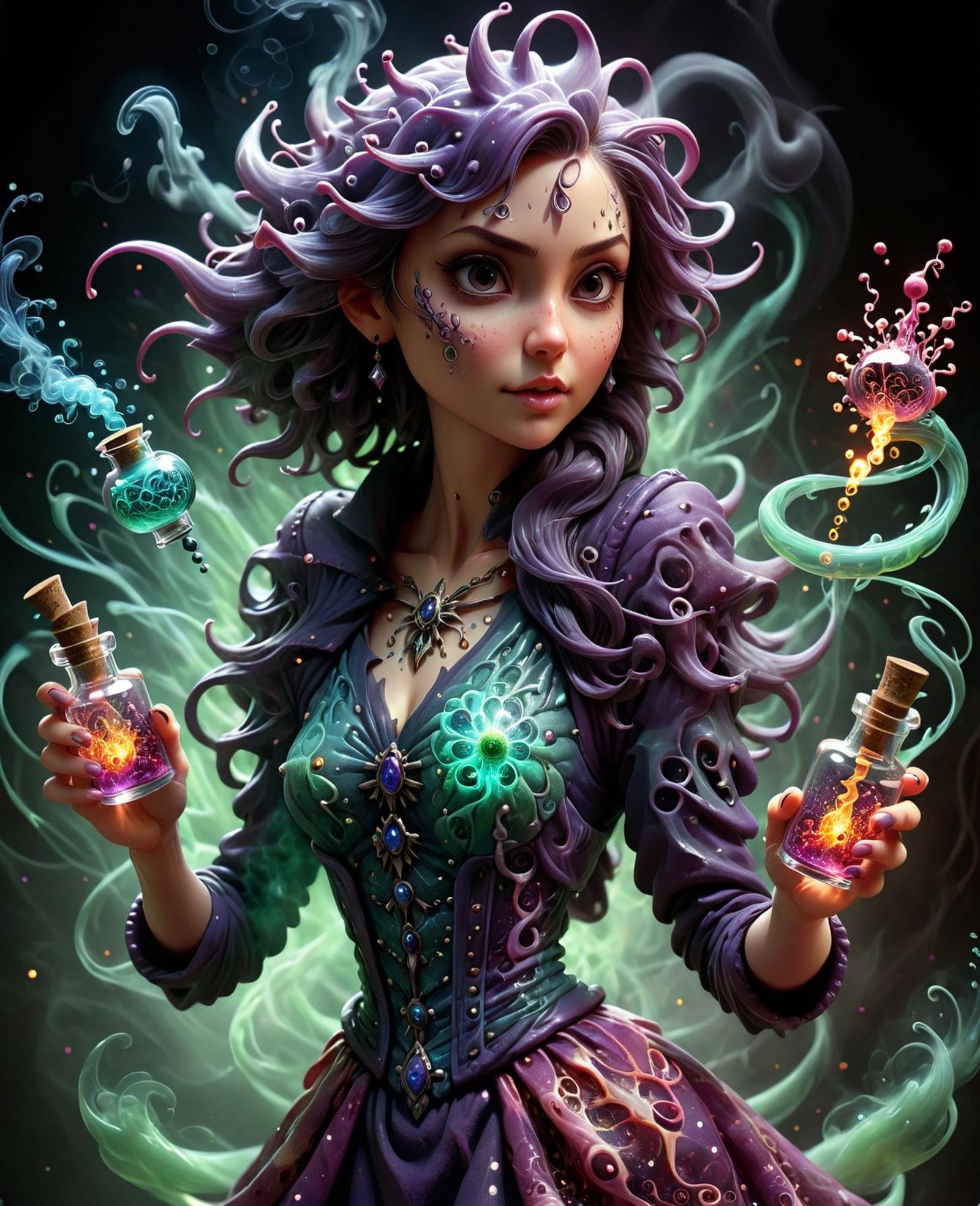 DonMV1r4lXL female spellslinger   myriad of tiny swirling vials filled with liquids of every imaginable color, glowing softly, each vial emits a unique pattern of sparkles or smoke, representing the intricate and varied effects of potion magic, air is filled with a symphony of subtle, enchanting scents, hinting at the powerful transformations contained within each concoction,    <lora:DonMV1r4lXL-000008:1>